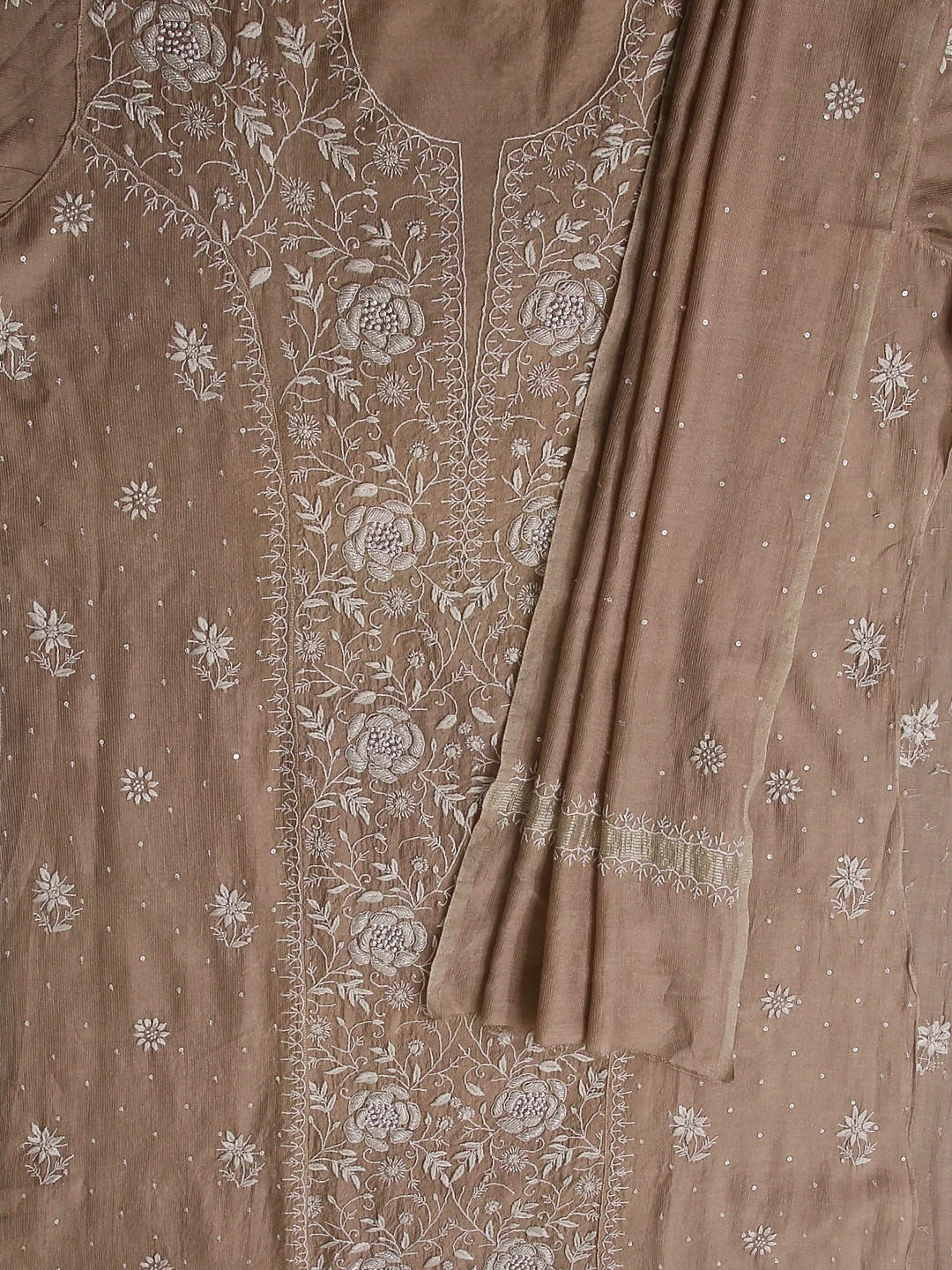 Ada Hand Embroidered Pastle Peach Tissue Lucknowi Chikankari Semistitched Kurta Dupatta Set With Cutdana Work 01A342813