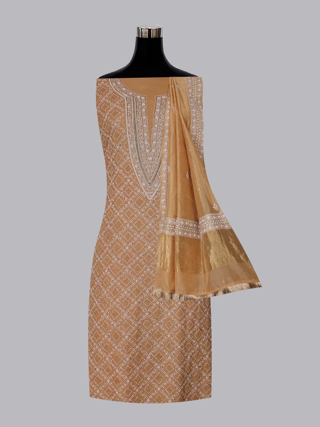 Ada Hand Embroidered Copper Tissue Lucknowi Chikankari Unstitched Kurta Dupatta Set With Cutdana Work 01A385595