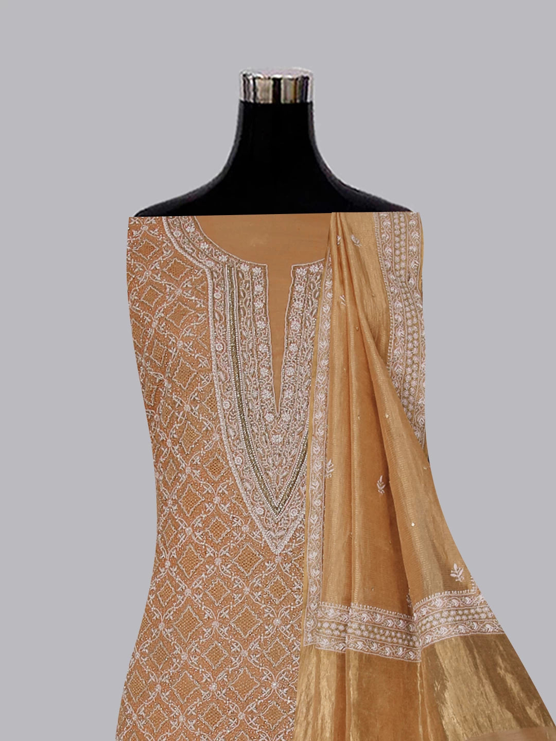 Ada Hand Embroidered Copper Tissue Lucknowi Chikankari Unstitched Kurta Dupatta Set With Cutdana Work 01A385595