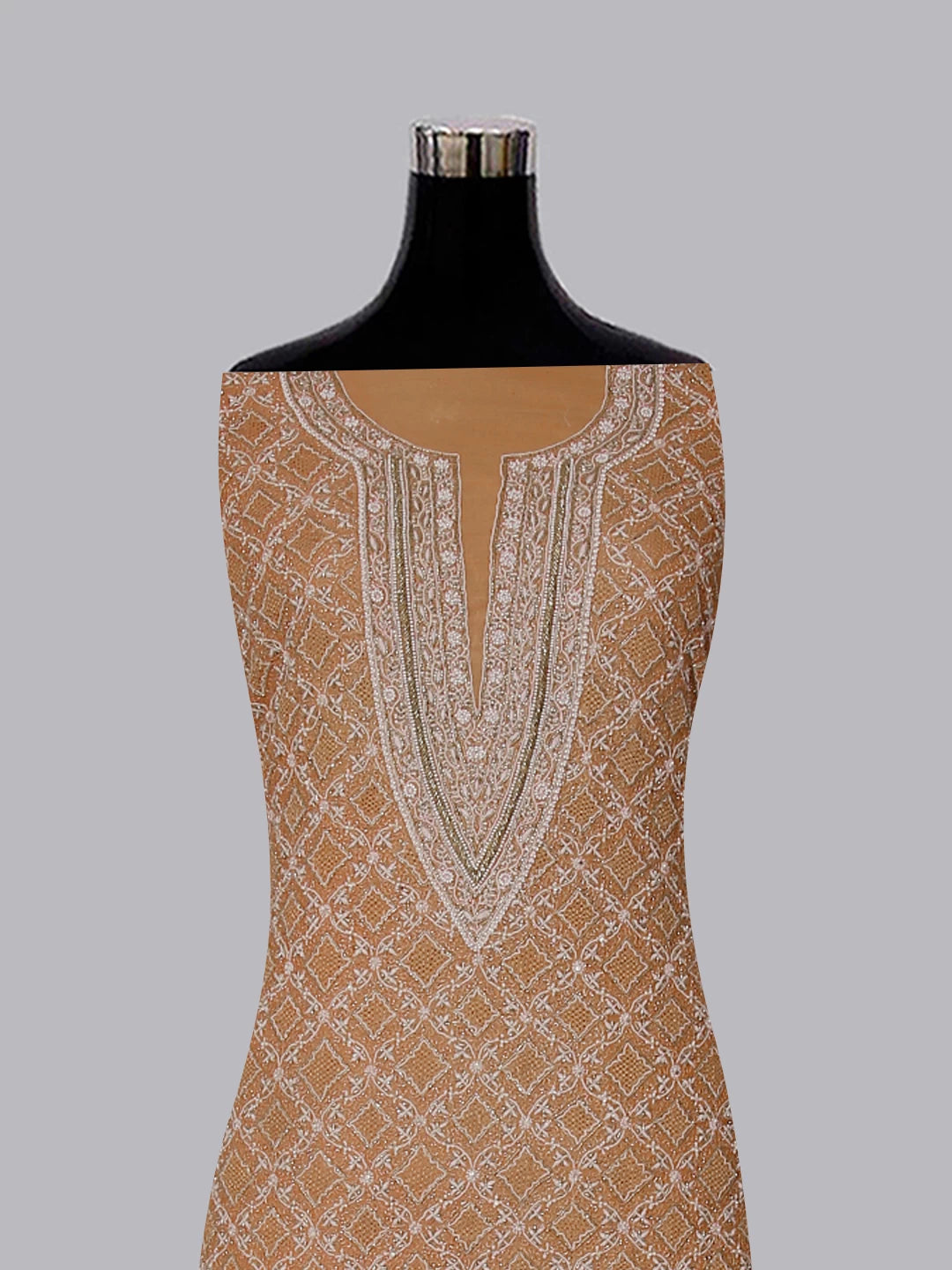 Ada Hand Embroidered Copper Tissue Lucknowi Chikankari Unstitched Kurta Dupatta Set With Cutdana Work 01A385595