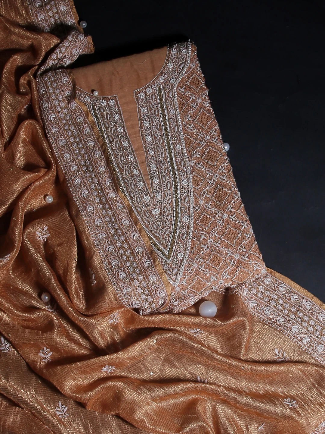 Ada Hand Embroidered Copper Tissue Lucknowi Chikankari Unstitched Kurta Dupatta Set With Cutdana Work 01A385595