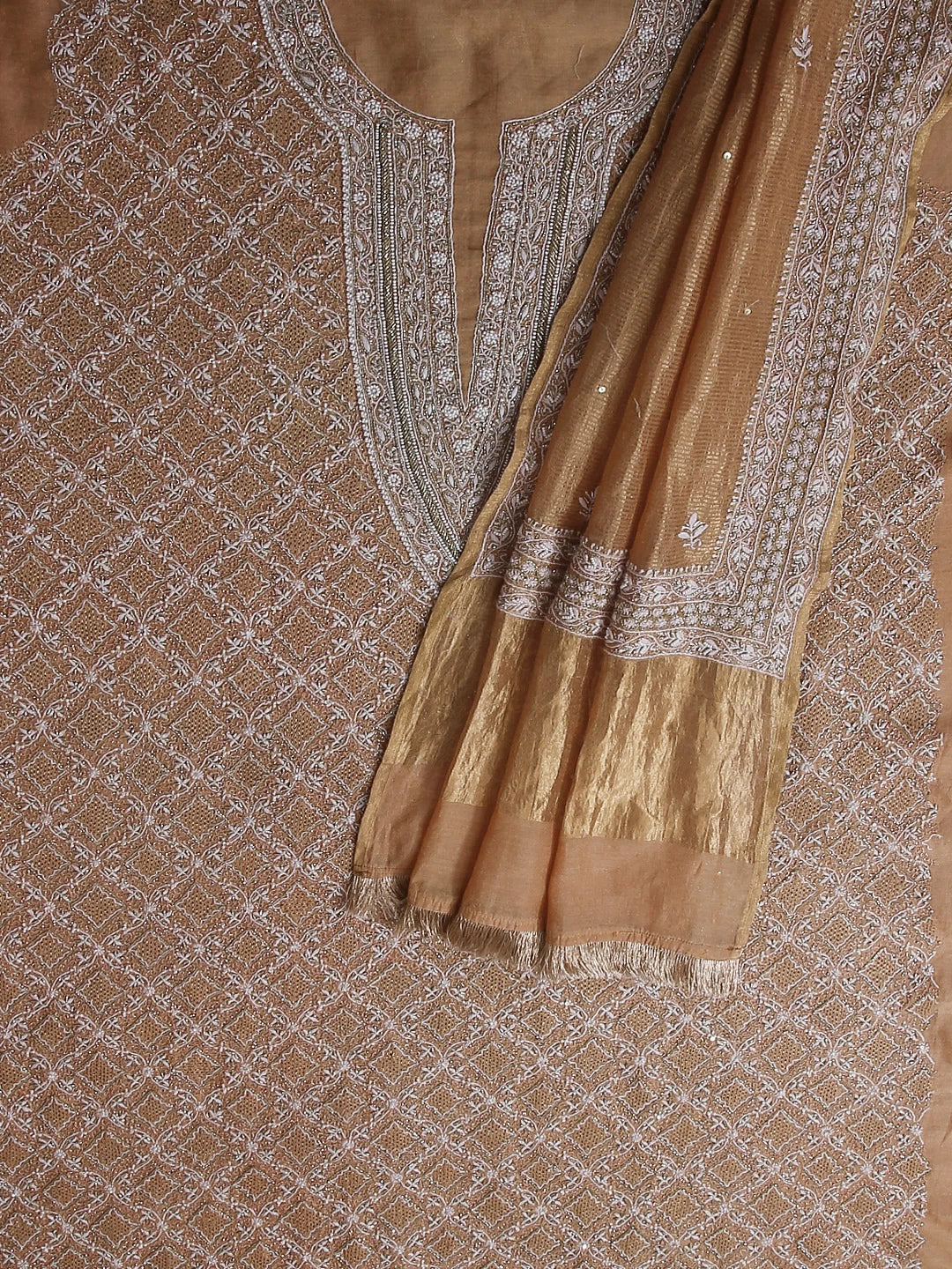 Ada Hand Embroidered Copper Tissue Lucknowi Chikankari Unstitched Kurta Dupatta Set With Cutdana Work 01A385595