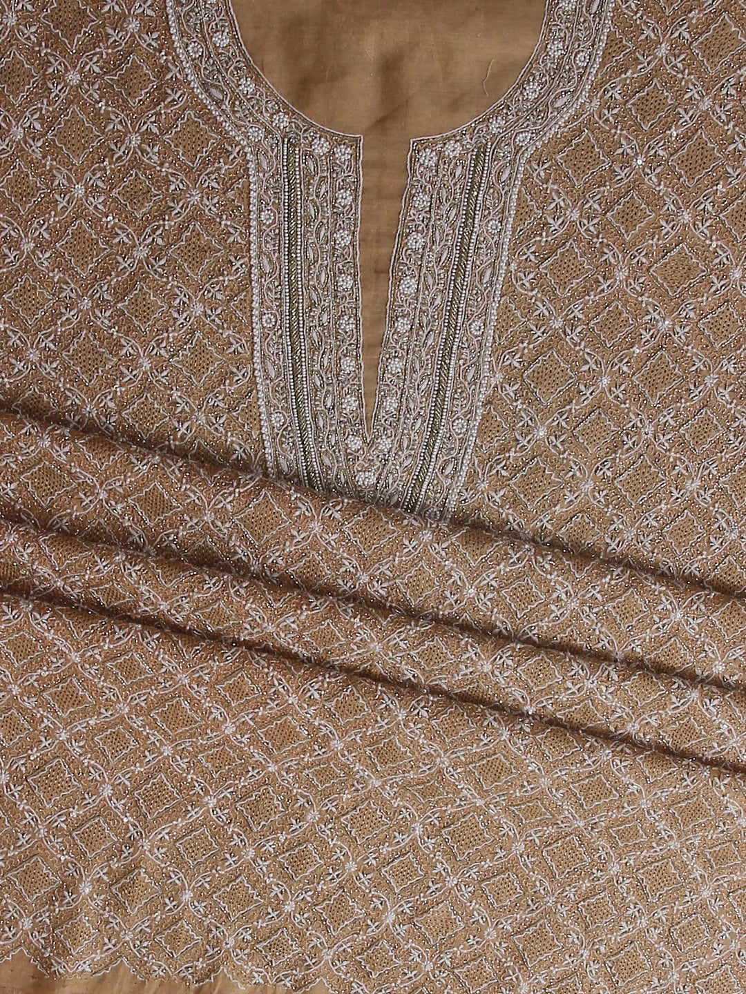 Ada Hand Embroidered Copper Tissue Lucknowi Chikankari Unstitched Kurta Dupatta Set With Cutdana Work 01A385595