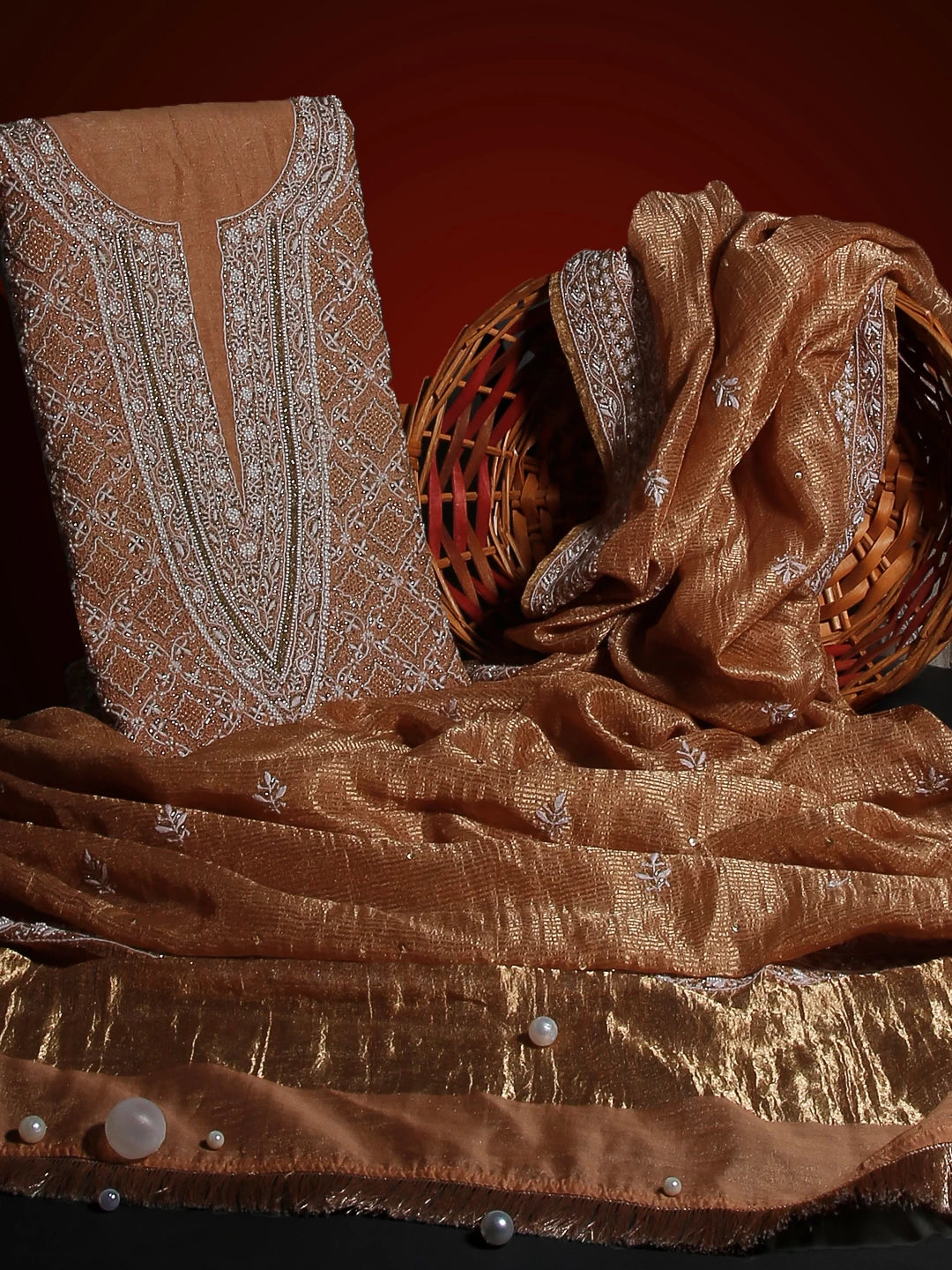 Ada Hand Embroidered Copper Tissue Lucknowi Chikankari Unstitched Kurta Dupatta Set With Cutdana Work 01A385595