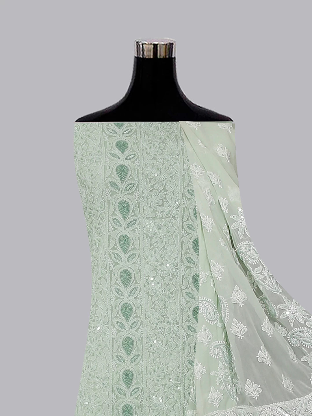 Ada Hand Embroidered Pistachio Green Georgette Lucknowi Chikan Unstitched Kurta Dupatta Set With Cutdana Work 01A363161