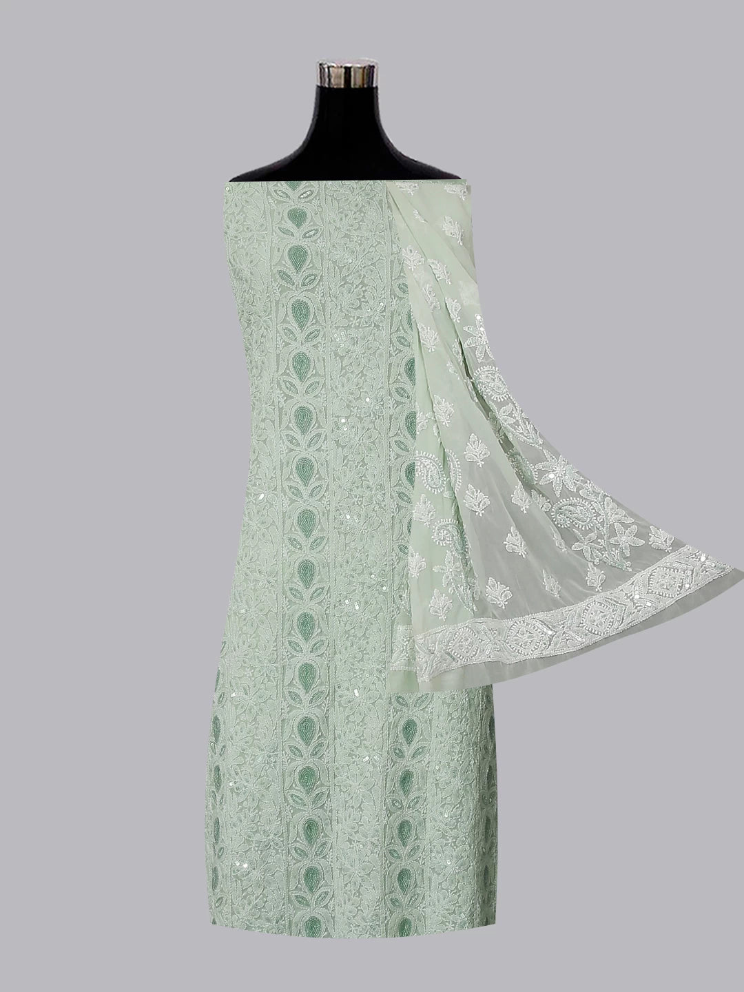Ada Hand Embroidered Pistachio Green Georgette Lucknowi Chikan Unstitched Kurta Dupatta Set With Cutdana Work 01A363161