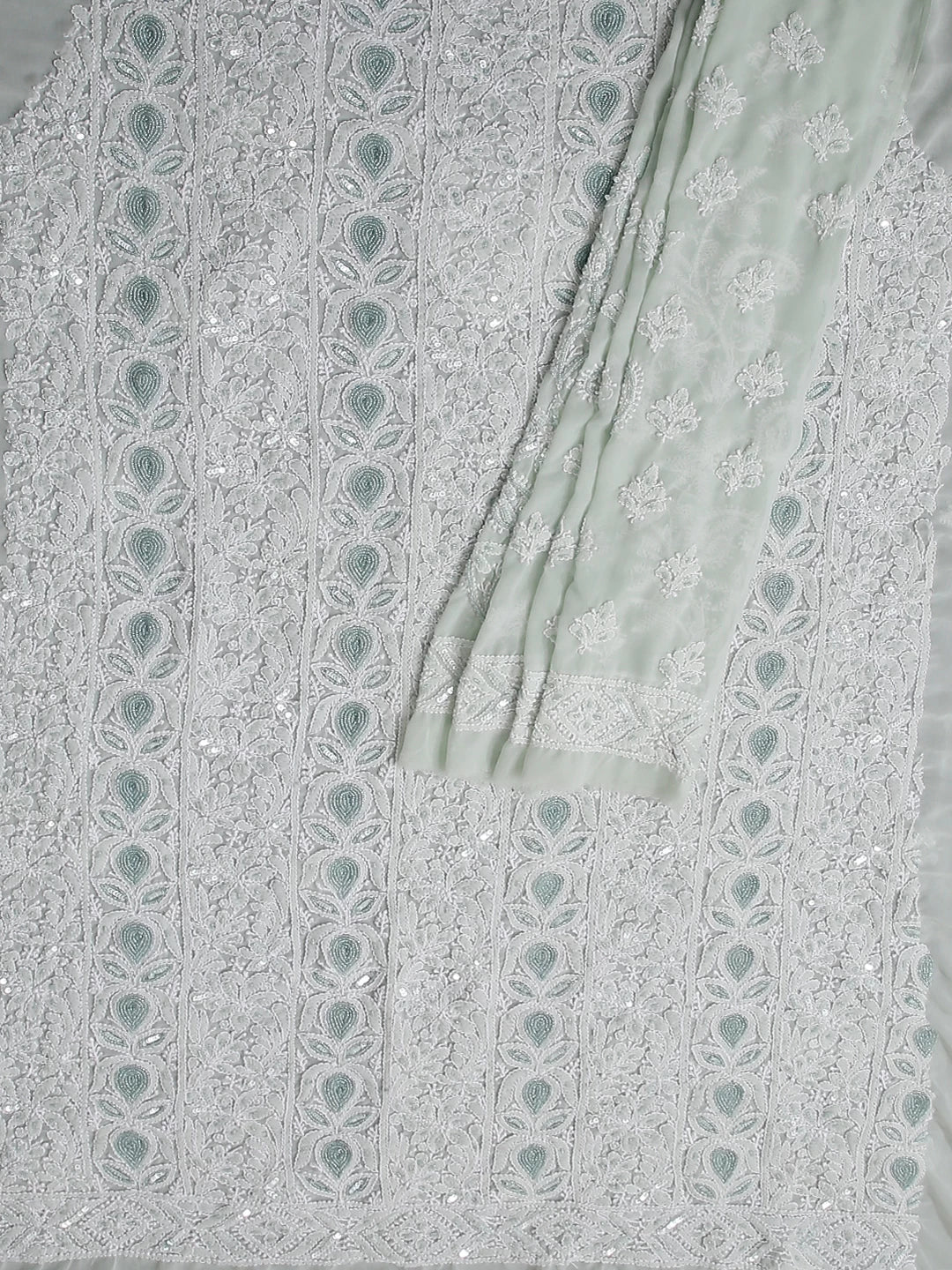 Ada Hand Embroidered Pistachio Green Georgette Lucknowi Chikan Unstitched Kurta Dupatta Set With Cutdana Work 01A363161