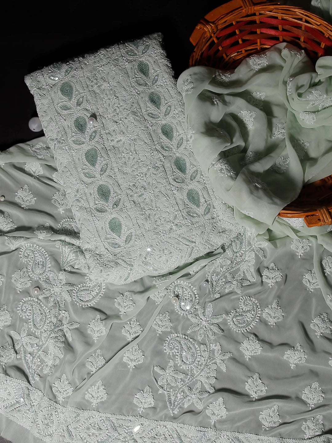 Ada Hand Embroidered Pistachio Green Georgette Lucknowi Chikan Unstitched Kurta Dupatta Set With Cutdana Work 01A363161