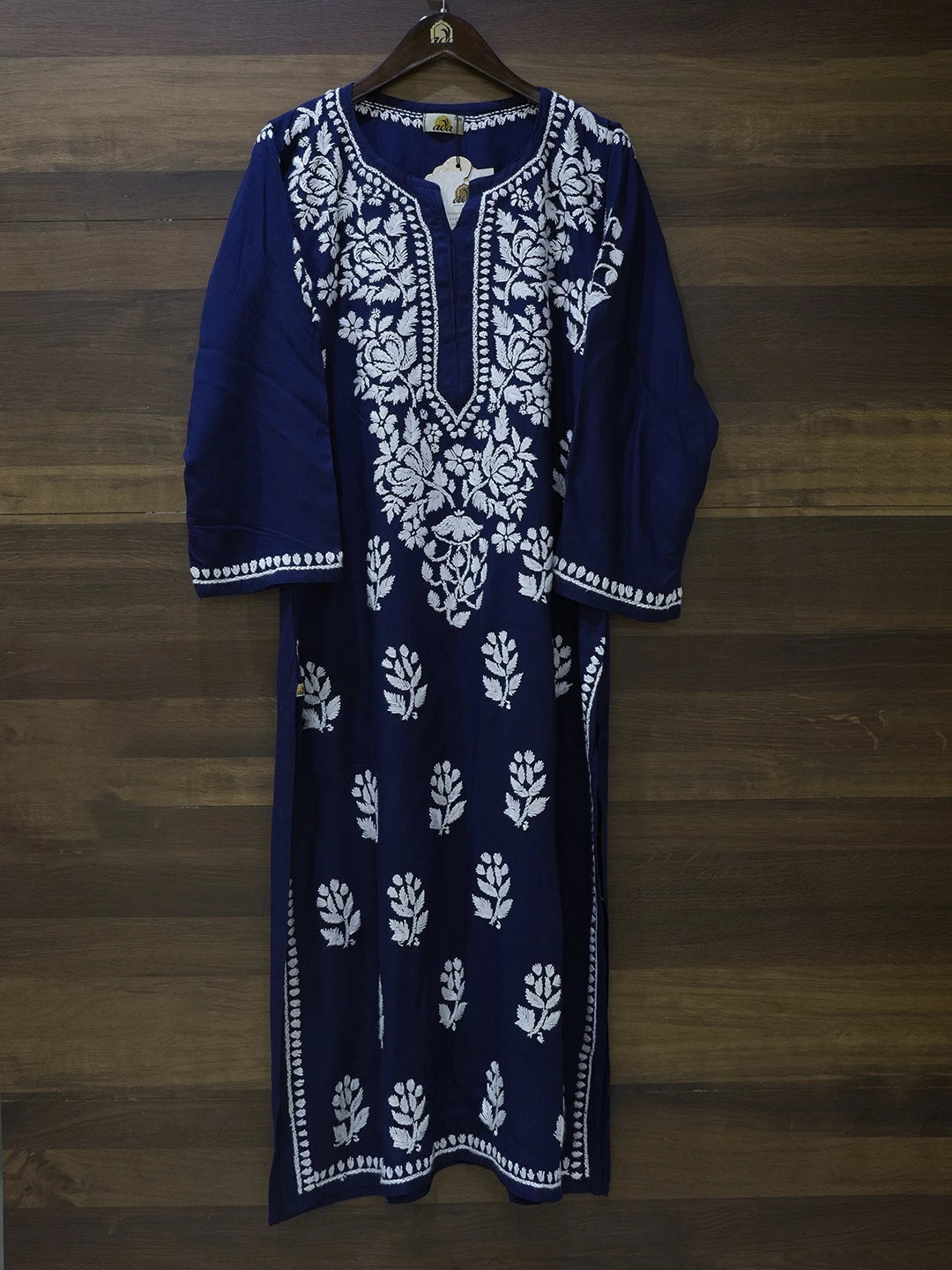 Ada Hand Embroidered Navy Blue Rayon Lucknowi Chikankari Straight Kurta A411546