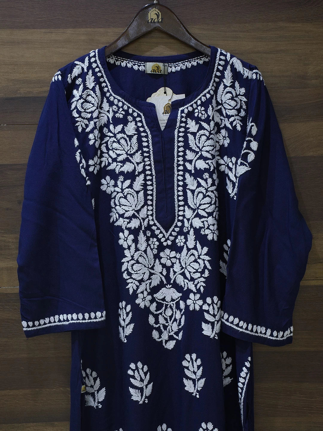 Ada Hand Embroidered Navy Blue Rayon Lucknowi Chikankari Straight Kurta A411546