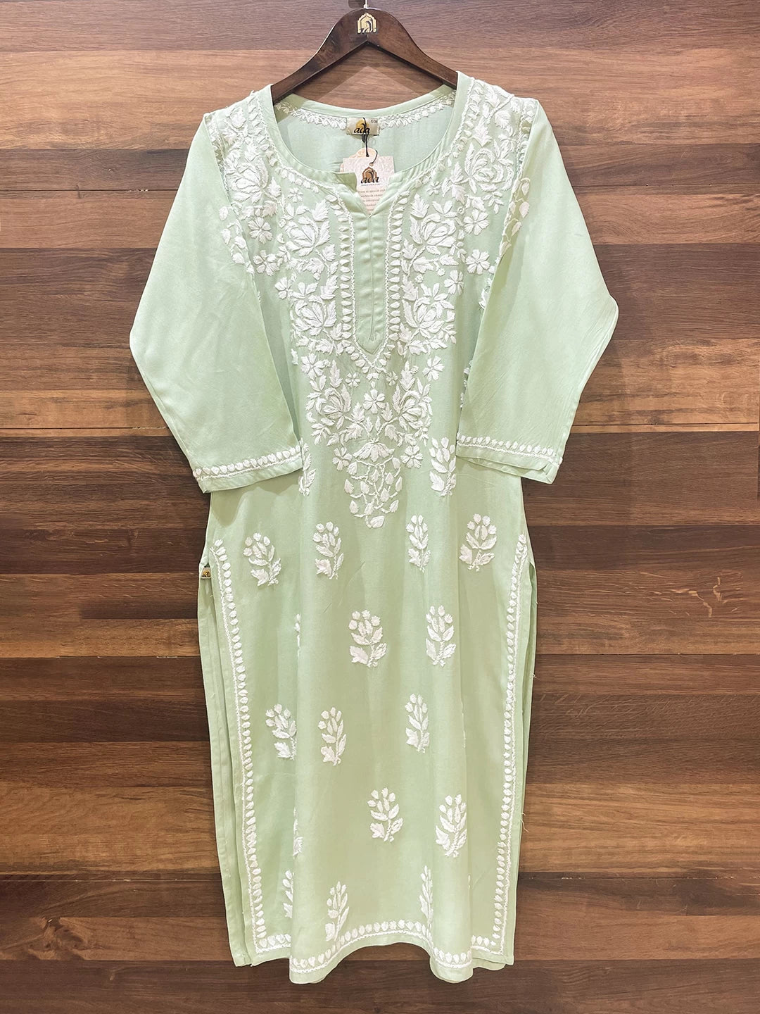 Ada Hand Embroidered Green Rayon Lucknowi Chikankari Straight Kurta A411549