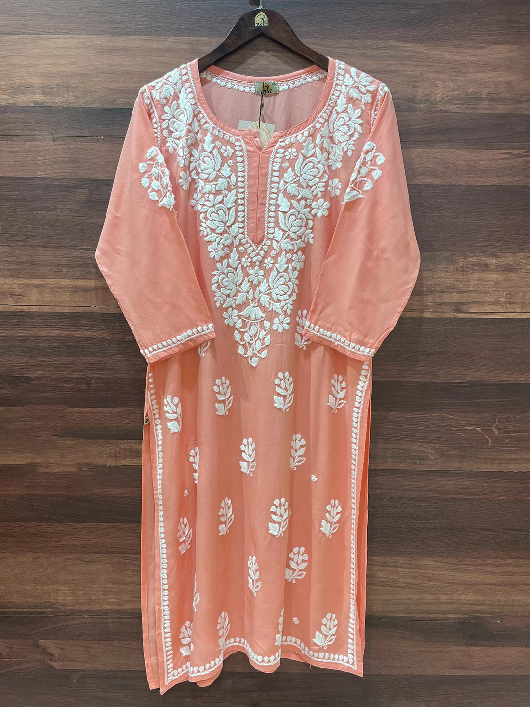 Ada Hand Embroidered Peach Rayon Lucknowi Chikankari Straight Kurta A411550