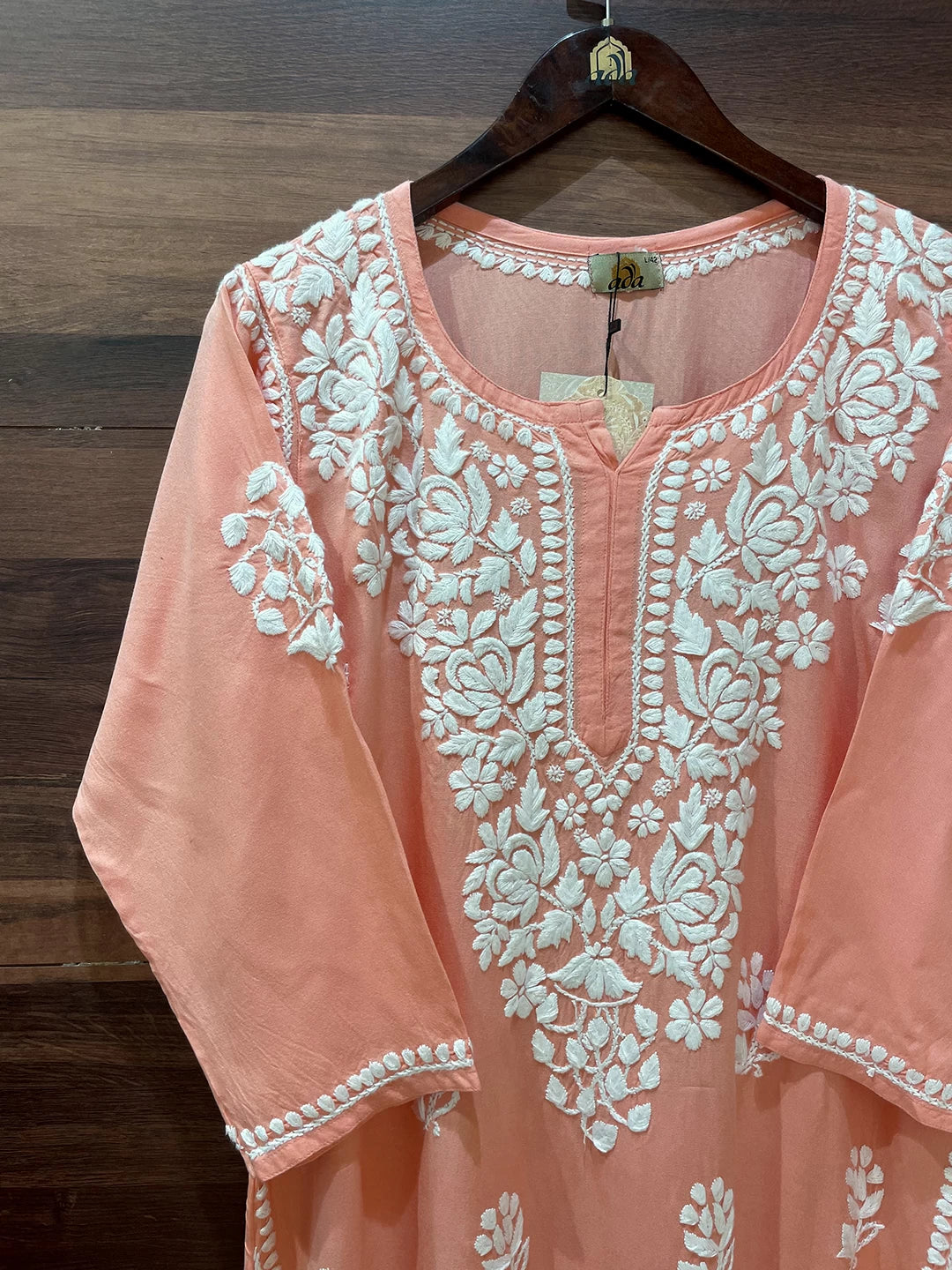Ada Hand Embroidered Peach Rayon Lucknowi Chikankari Straight Kurta A411550
