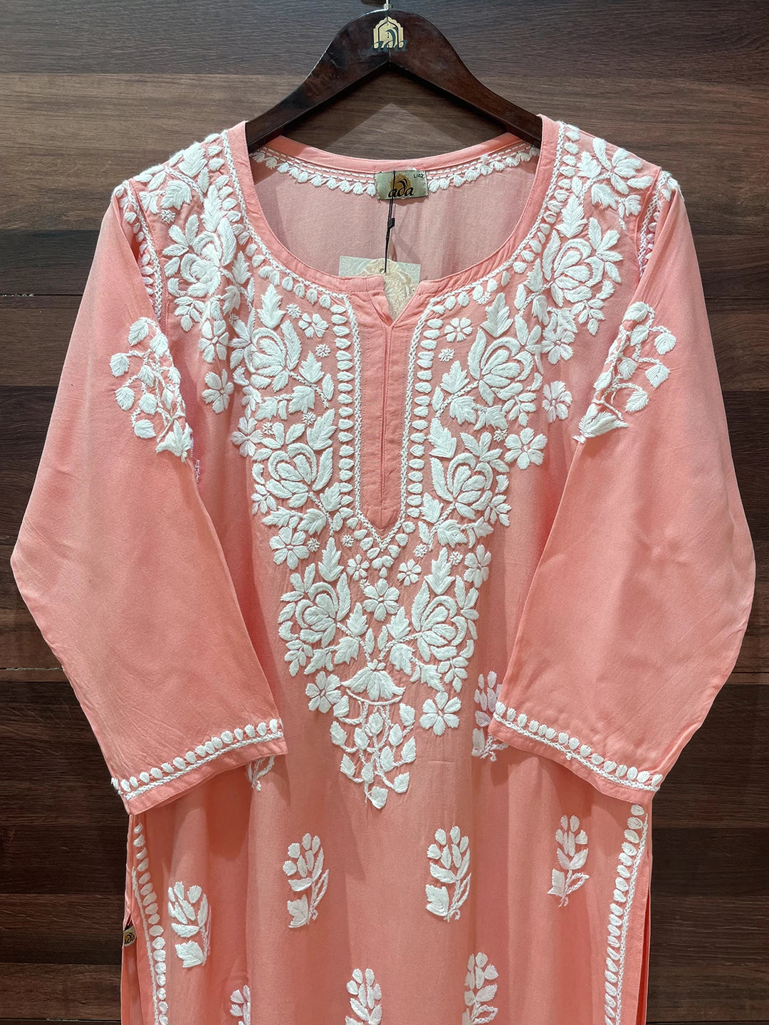 Ada Hand Embroidered Peach Rayon Lucknowi Chikankari Straight Kurta A411550