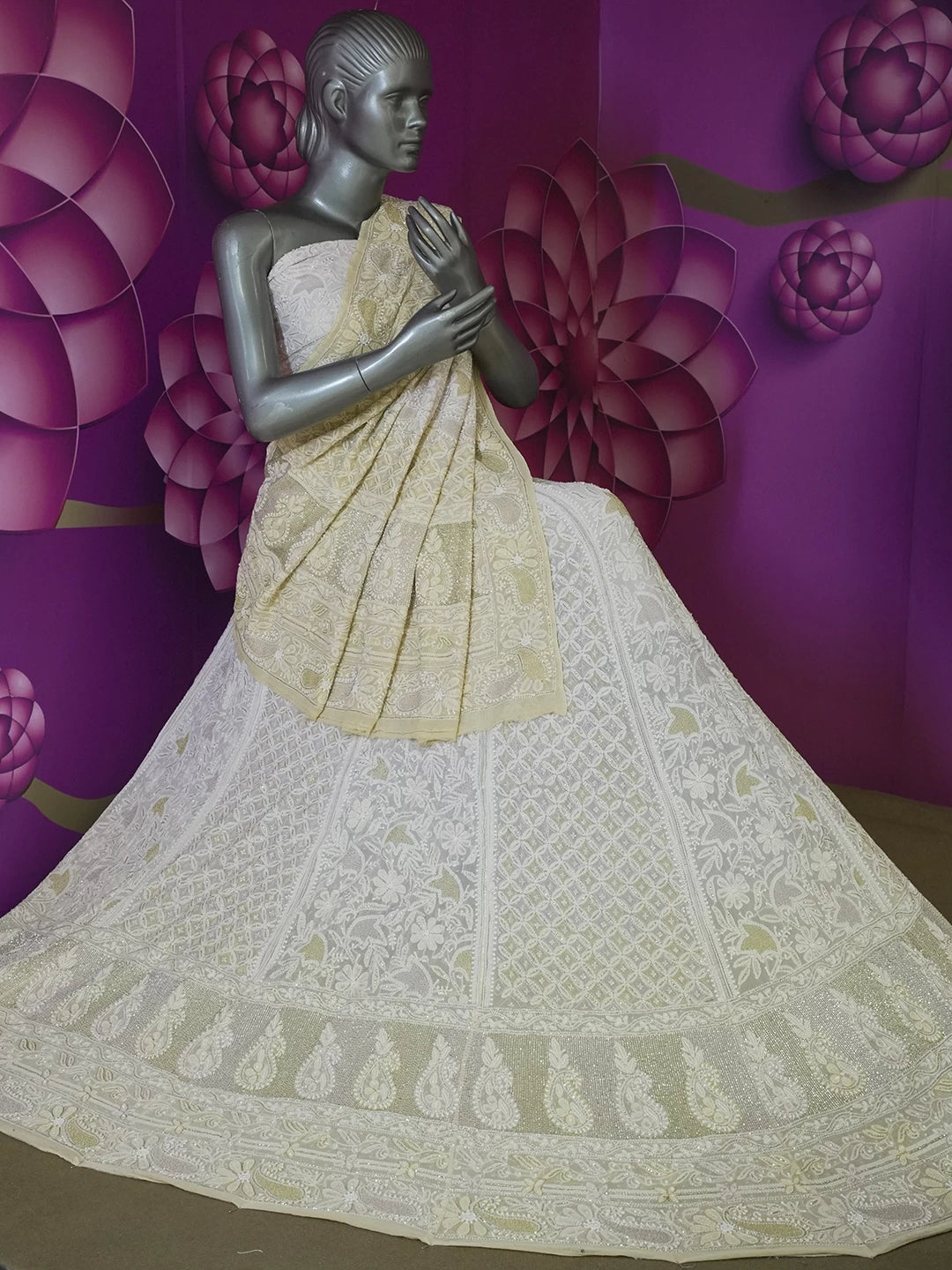 Ada Hand Embroidered Yellow Ombre Shade Pure Georgette Lucknowi Chikankari Lehenga Set With Cutdana Work 01A440338