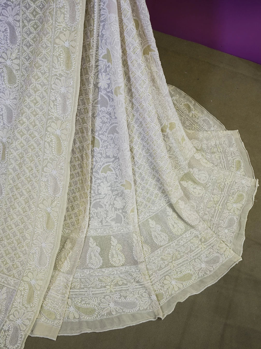 Ada Hand Embroidered Yellow Ombre Shade Pure Georgette Lucknowi Chikankari Lehenga Set With Cutdana Work 01A440338