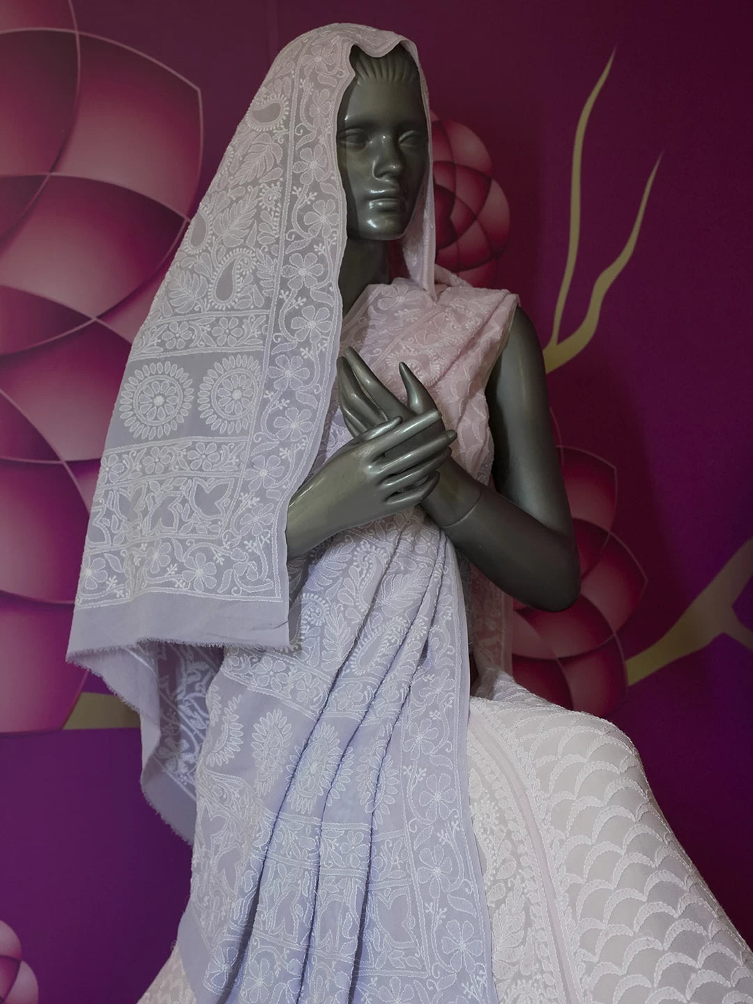 Ada Hand Embroidered Pink And Purple Pure Georgette Lucknowi Chikankari Lehenga Set 01A440353