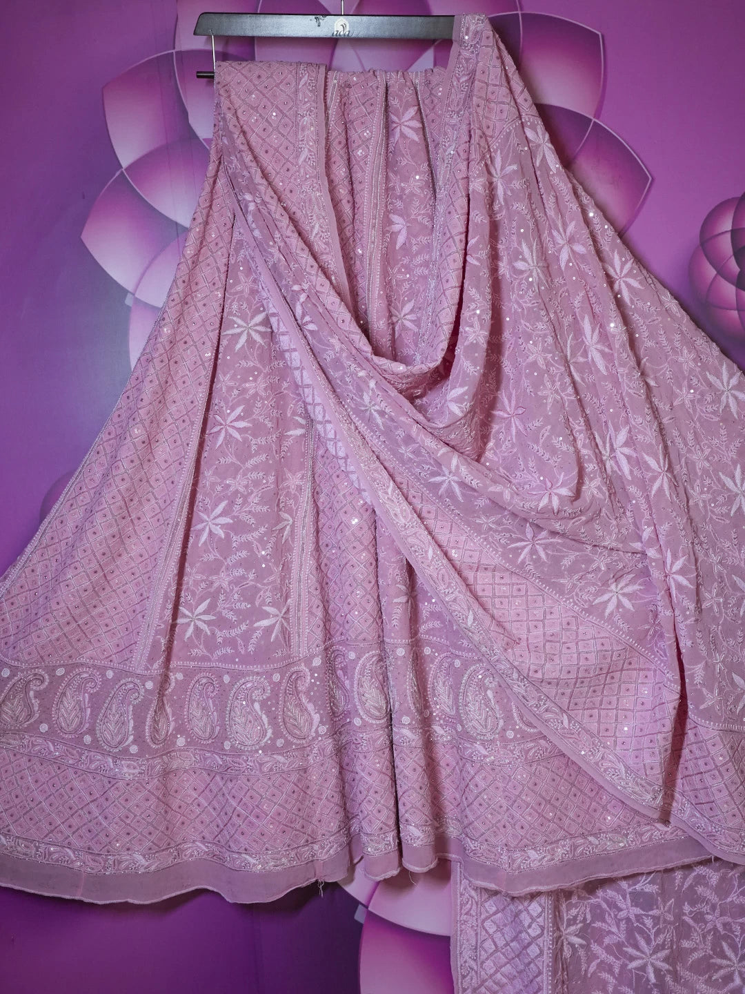 Ada Hand Embroidered Flamingo Pink Pure Georgette Lucknowi Chikankari Lehenga Set With Sequins Work 01A425644