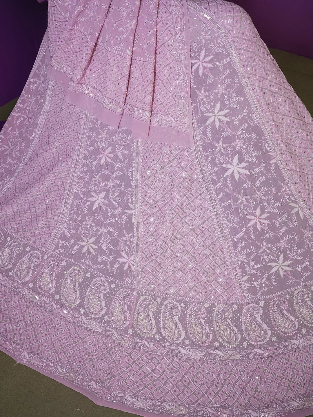 Ada Hand Embroidered Flamingo Pink Pure Georgette Lucknowi Chikankari Lehenga Set With Sequins Work 01A425644