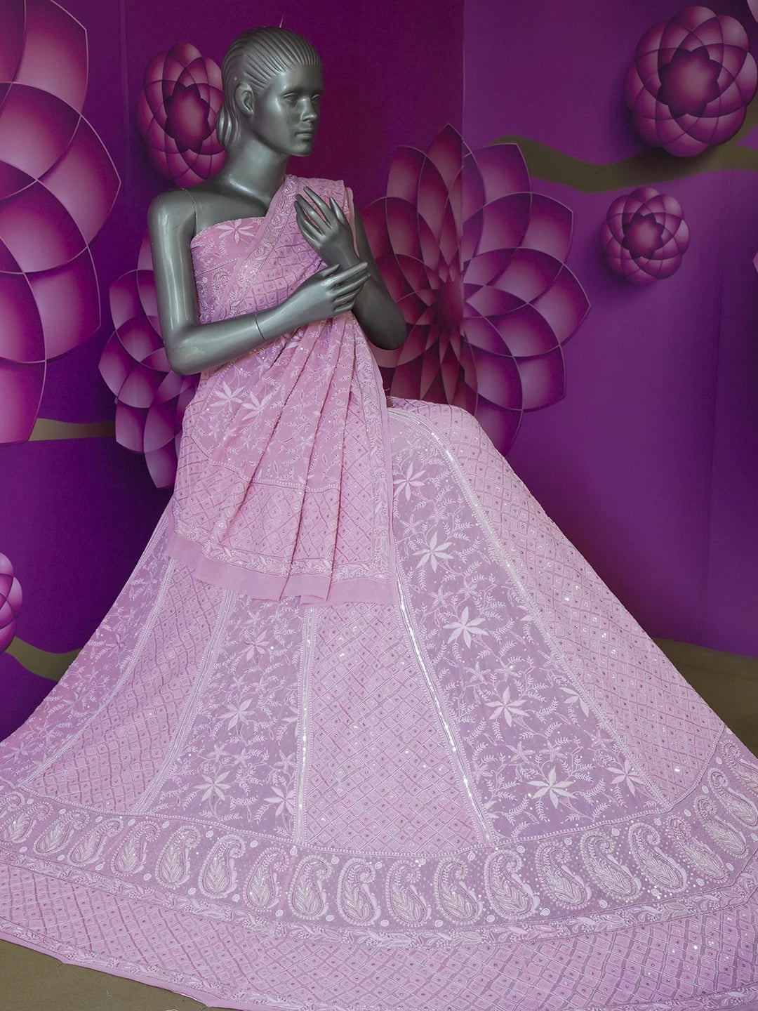 Ada Hand Embroidered Flamingo Pink Pure Georgette Lucknowi Chikankari Lehenga Set With Sequins Work 01A425644