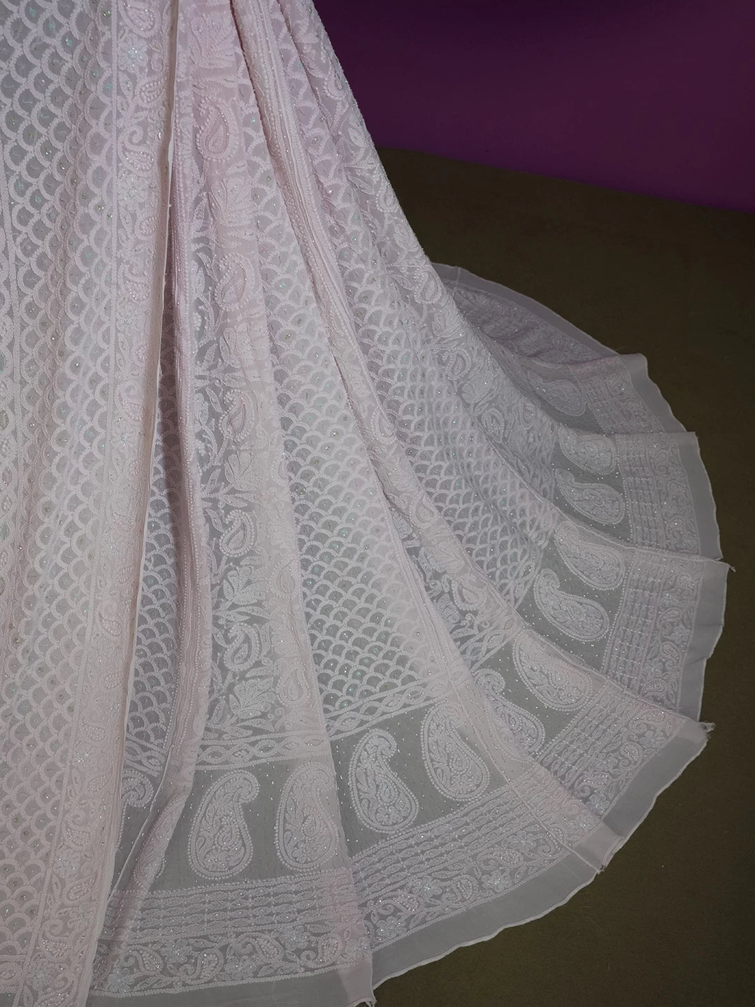 Ada Hand Embroidered Baby Pink Viscose Georgette Lucknowi Chikankari Lehenga Set With Cutdana Work 01A384324