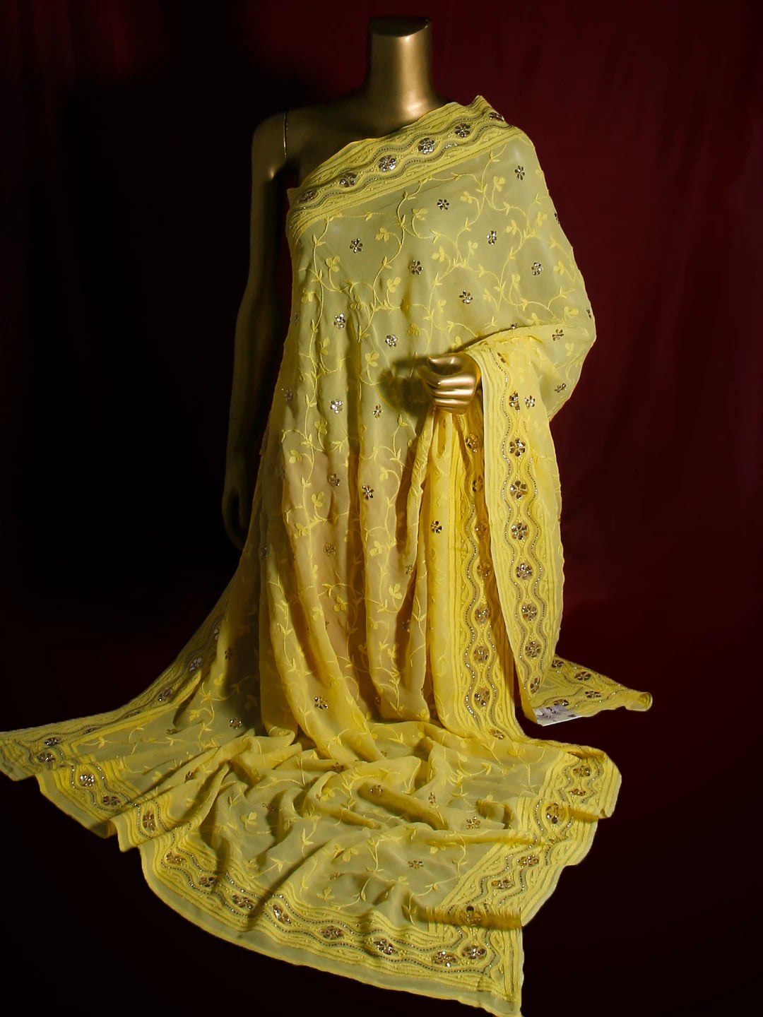 Ada Hand Embroidered Yellow Georgette Lucknowi Chikankari Dupatta With Muqaish Work A581614