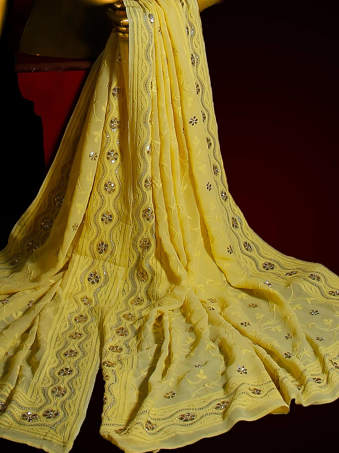 Ada Hand Embroidered Yellow Georgette Lucknowi Chikankari Dupatta With Muqaish Work A581614