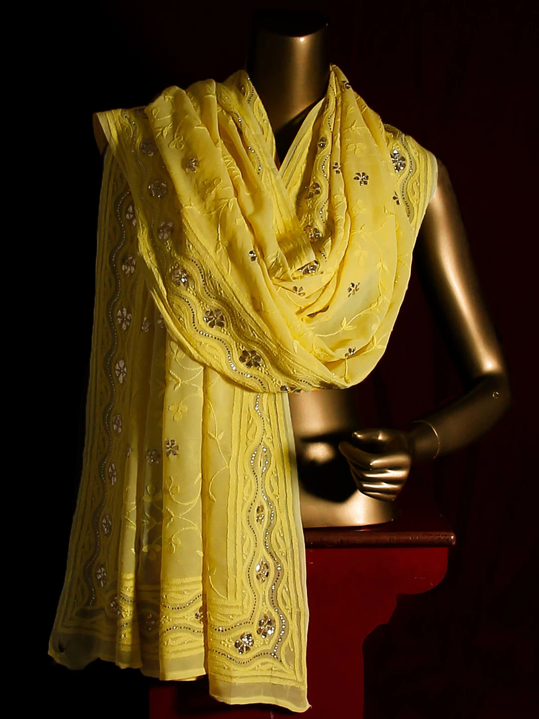 Ada Hand Embroidered Yellow Georgette Lucknowi Chikankari Dupatta With Muqaish Work A581614