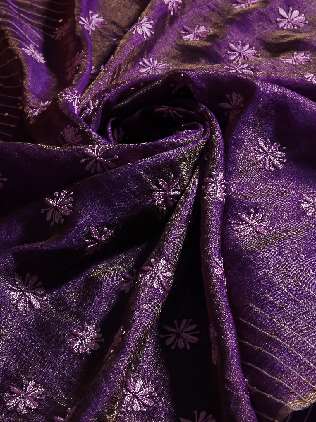 Ada Hand Embroidered Purple Tussar Silk Lucknowi Chikankari Dupatta With Sequinned Work 01A264643