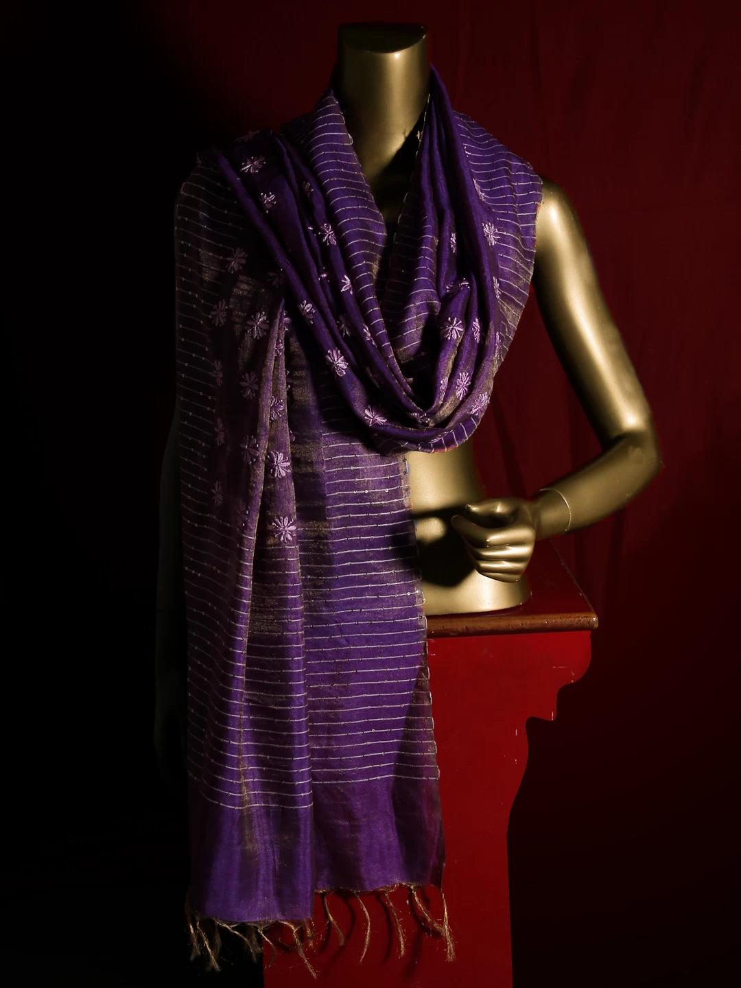 Ada Hand Embroidered Purple Tussar Silk Lucknowi Chikankari Dupatta With Sequinned Work 01A264643