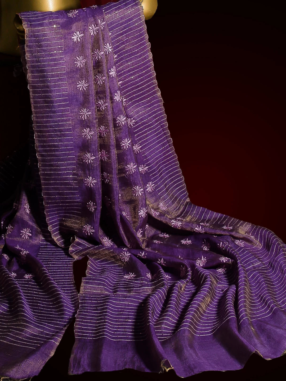 Ada Hand Embroidered Purple Tussar Silk Lucknowi Chikankari Dupatta With Sequinned Work 01A264643