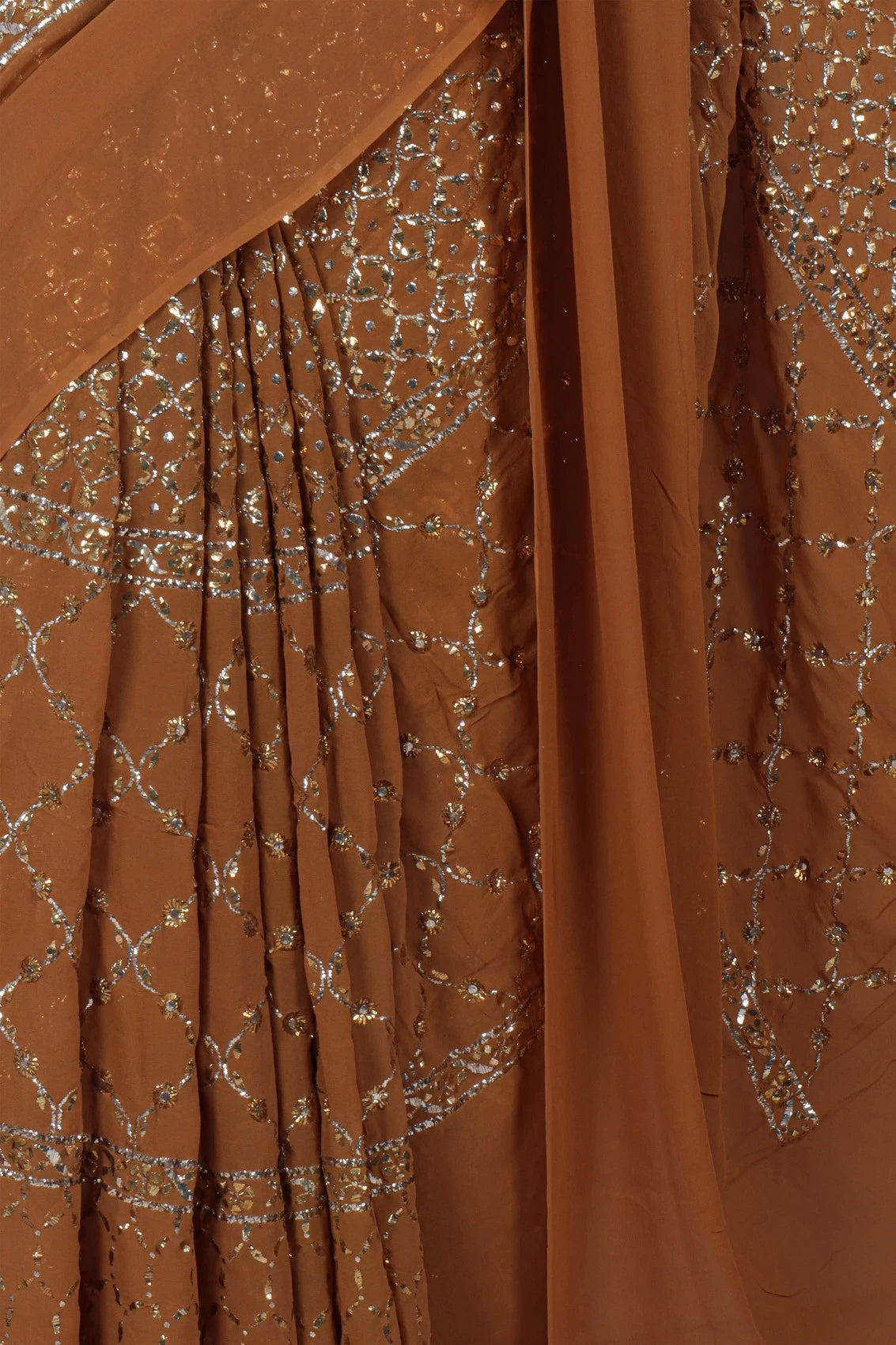 Ada Hand Embroidered Brown Georgette Lucknowi Chikankari Saree With Blouse And Muqaish Work 01A207737
