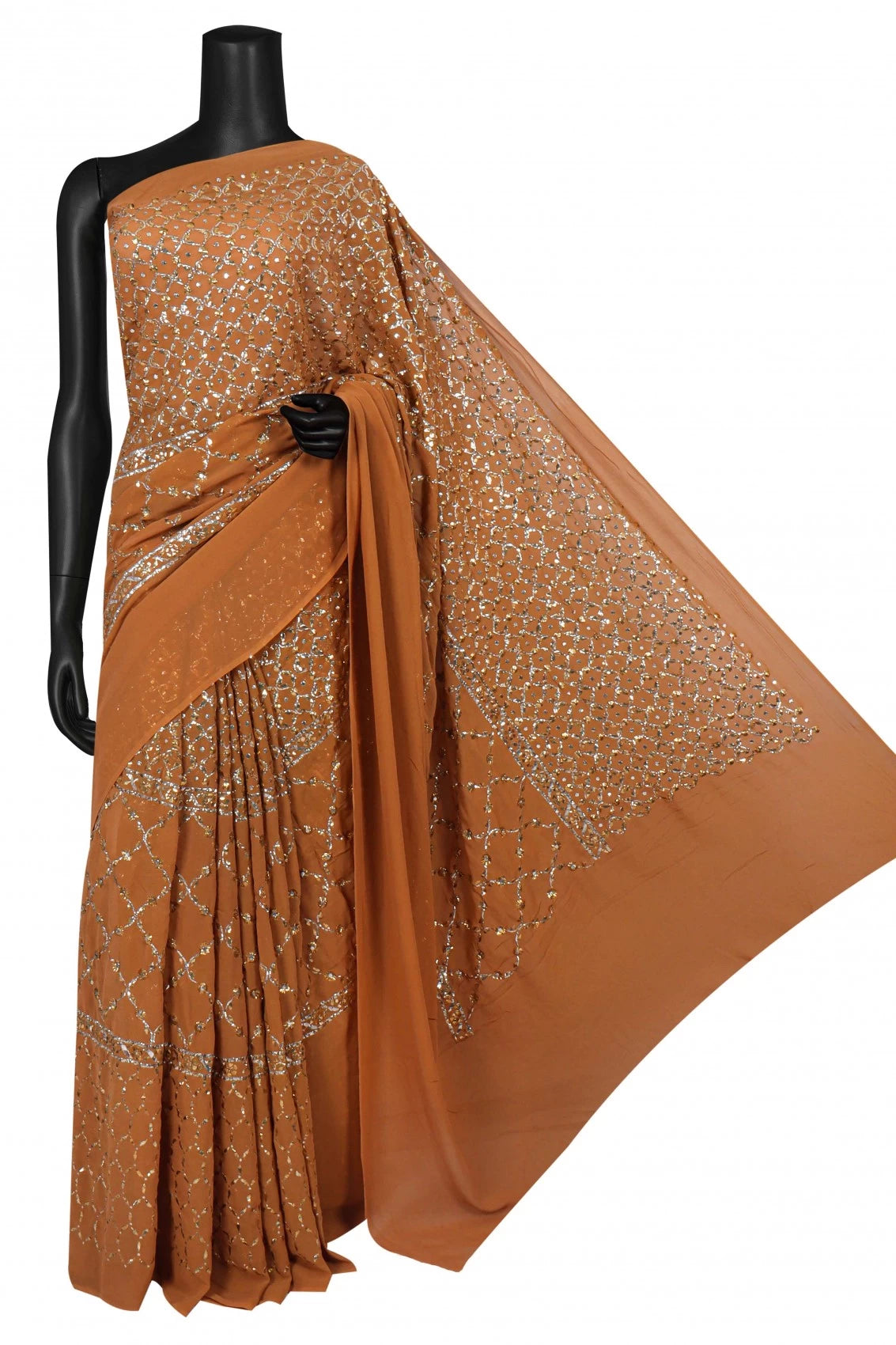 Ada Hand Embroidered Brown Georgette Lucknowi Chikankari Saree With Blouse And Muqaish Work 01A207737