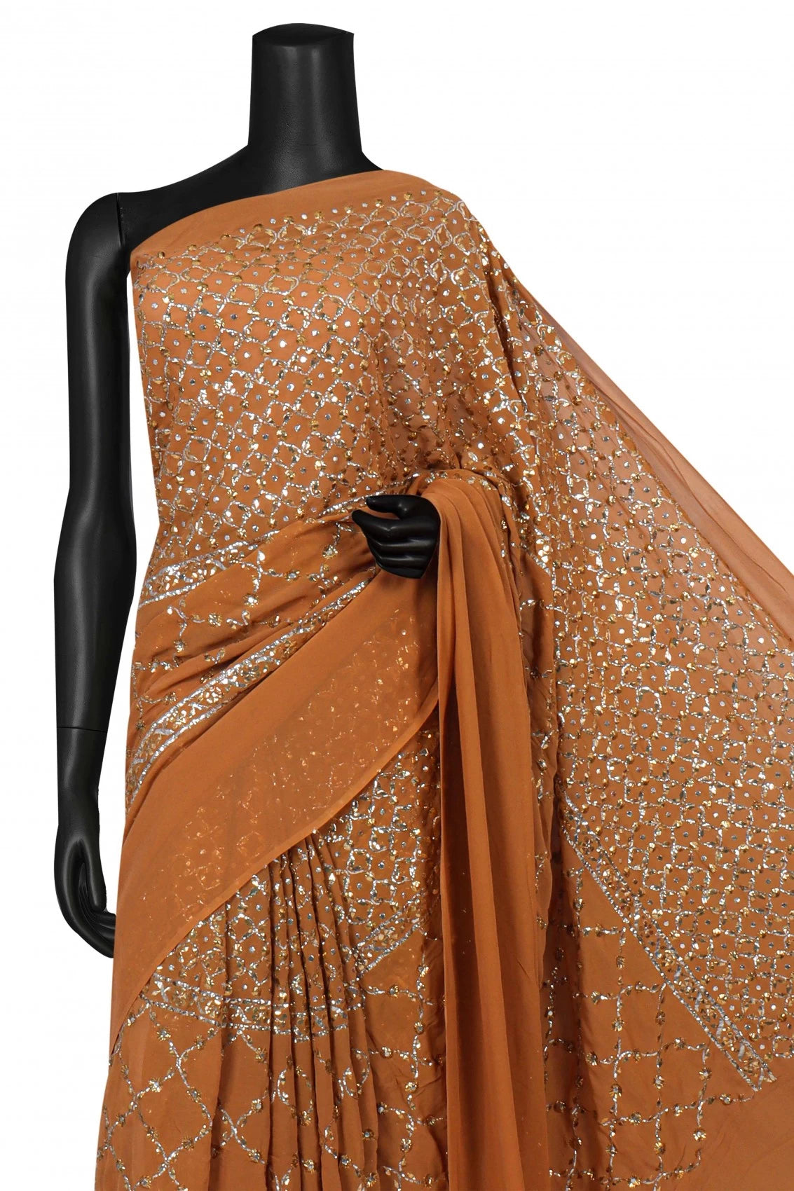 Ada Hand Embroidered Brown Georgette Lucknowi Chikankari Saree With Blouse And Muqaish Work 01A207737