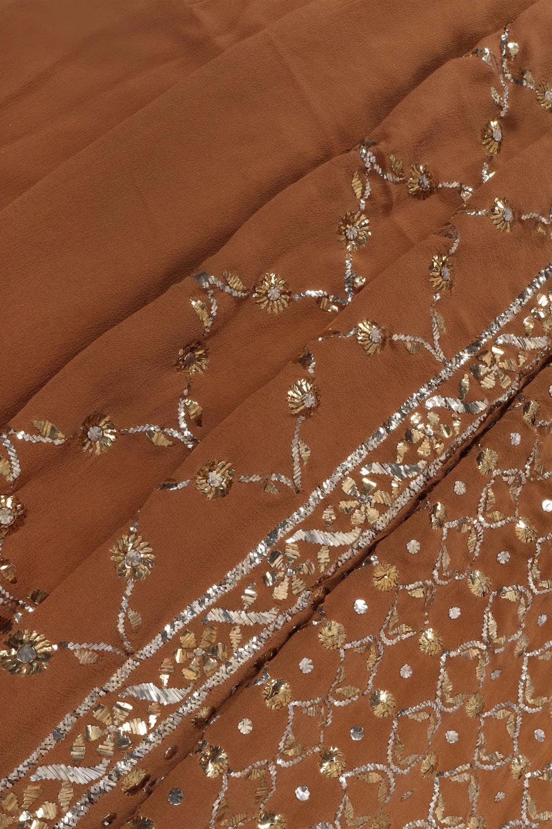 Ada Hand Embroidered Brown Georgette Lucknowi Chikankari Saree With Blouse And Muqaish Work 01A207737