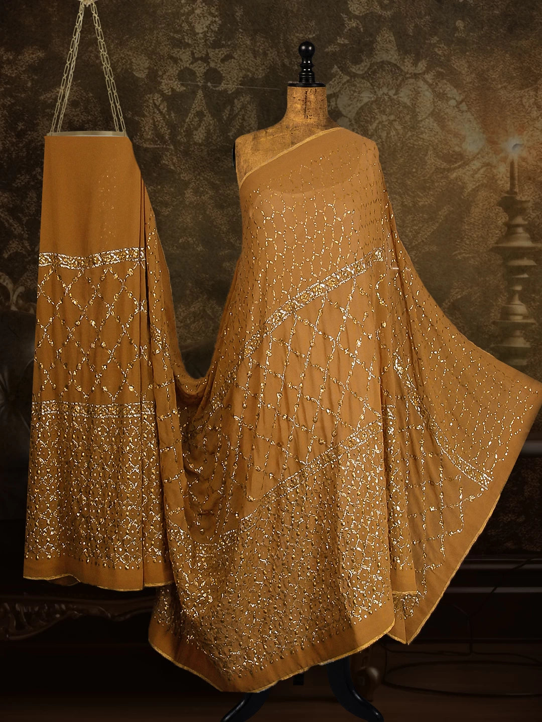 Ada Hand Embroidered Brown Georgette Lucknowi Chikankari Saree With Blouse And Muqaish Work 01A207737