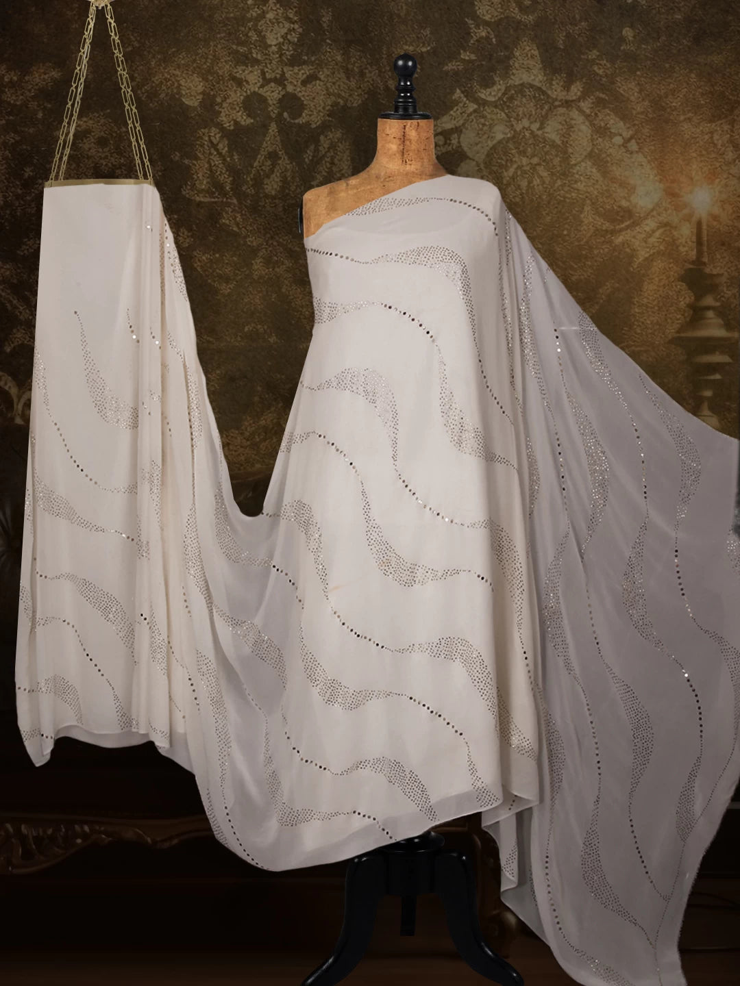 Ada Hand Embroidered Ivory White Pure Georgette Lucknowi Chikankari Saree/Blouse With Muqaish Work 01A395106