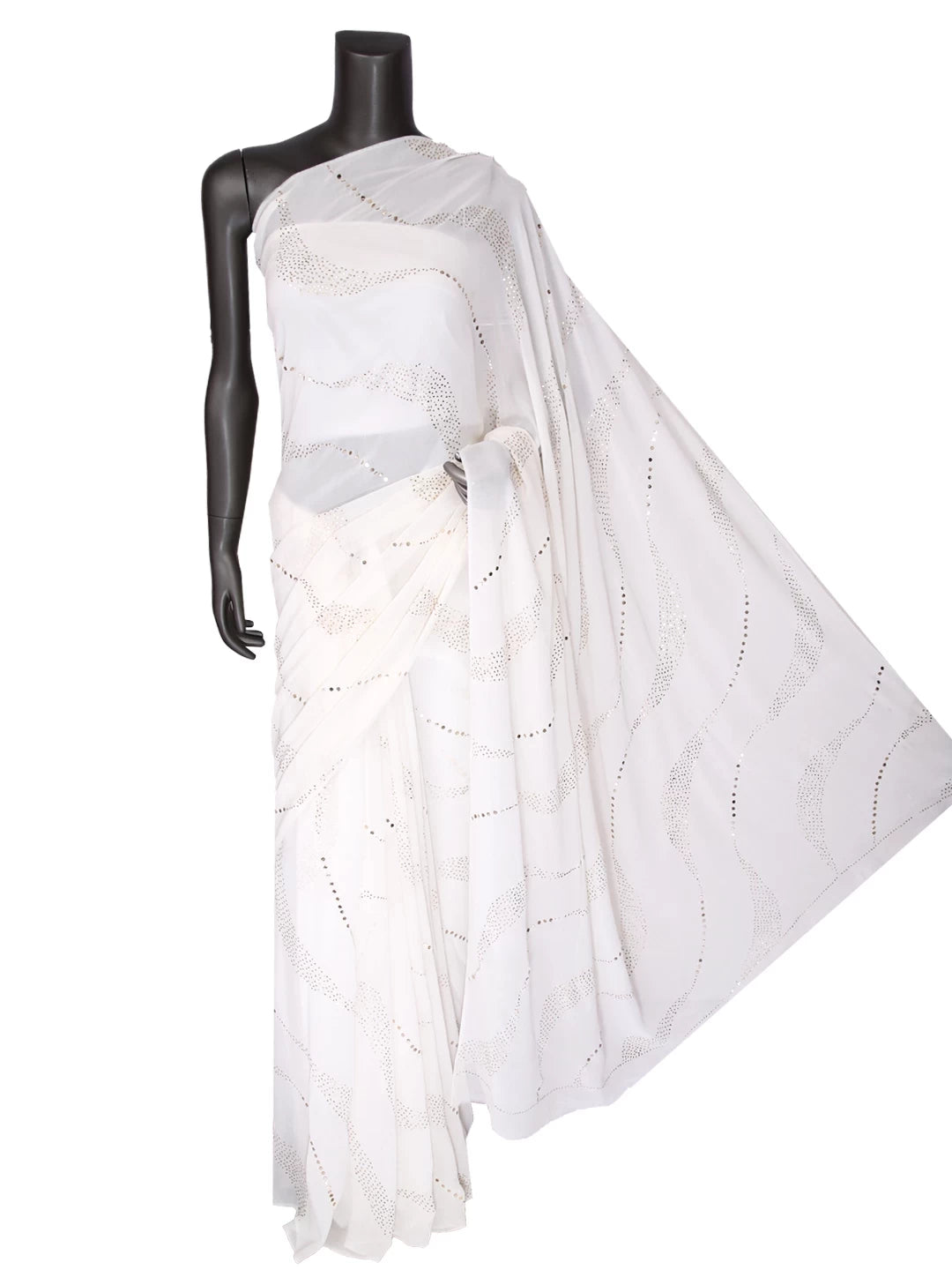 Ada Hand Embroidered Ivory White Pure Georgette Lucknowi Chikankari Saree/Blouse With Muqaish Work 01A395106
