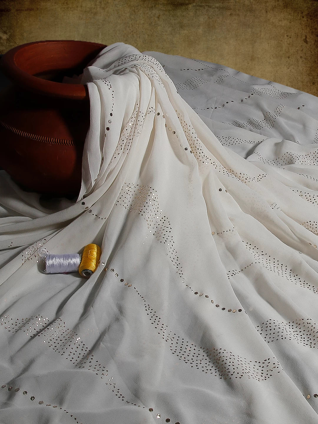 Ada Hand Embroidered Ivory White Pure Georgette Lucknowi Chikankari Saree/Blouse With Muqaish Work 01A395106