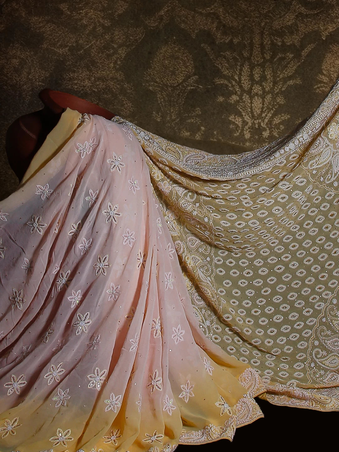 Ada Hand Embroidered Beige And Pink Pure Georgette Lucknowi Chikankari Saree With Blouse And Cutdana Work 01A440332