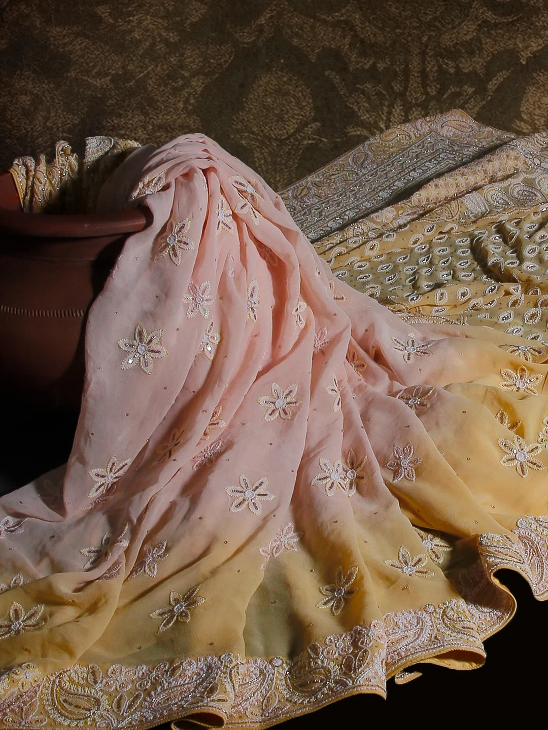 Ada Hand Embroidered Beige And Pink Pure Georgette Lucknowi Chikankari Saree With Blouse And Cutdana Work 01A440332