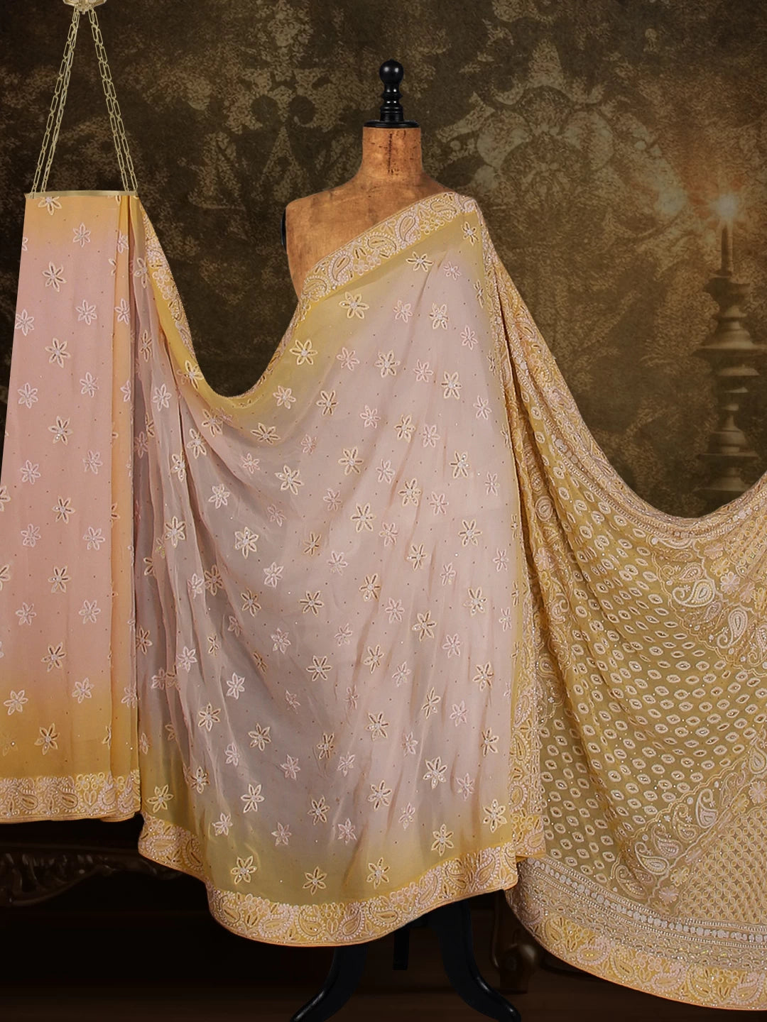 Ada Hand Embroidered Beige And Pink Pure Georgette Lucknowi Chikankari Saree With Blouse And Cutdana Work 01A440332