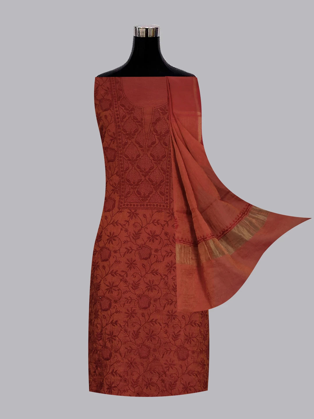 Ada Hand Embroidered Merlot Maroon Tissue Lucknowi Chikankari Unstitched Kurta Dupatta Set 01A193273