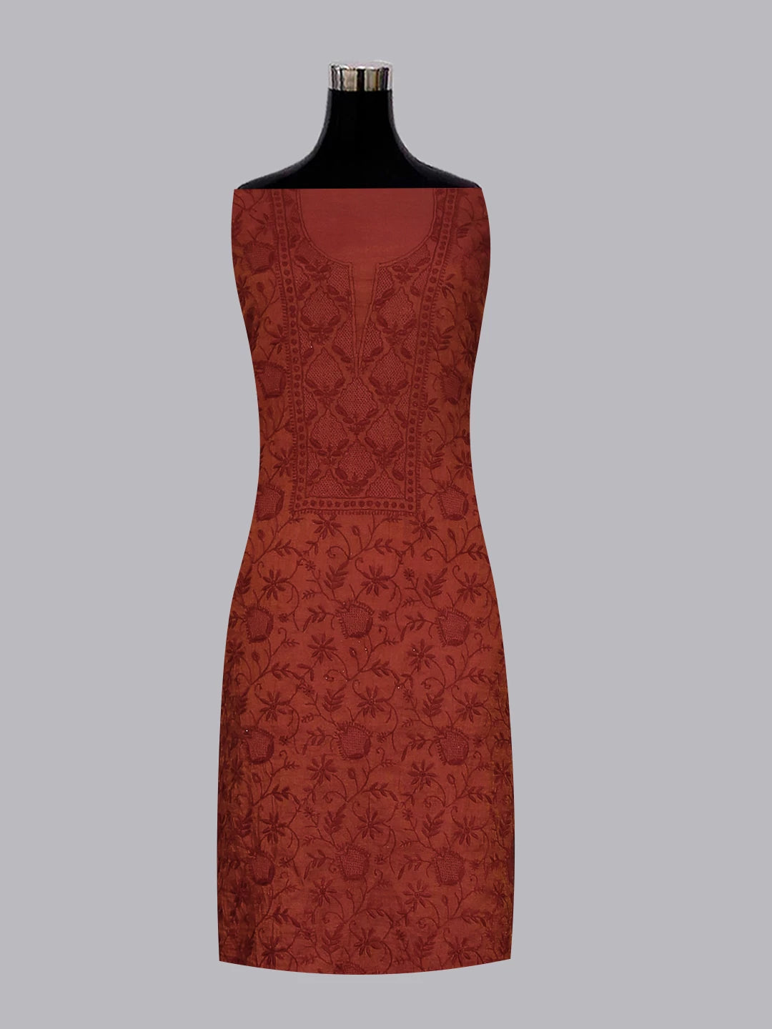 Ada Hand Embroidered Merlot Maroon Tissue Lucknowi Chikankari Unstitched Kurta Dupatta Set 01A193273