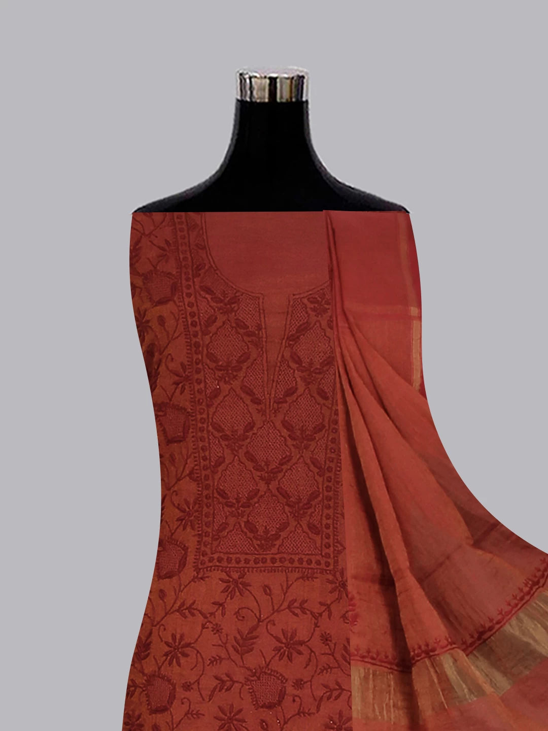 Ada Hand Embroidered Merlot Maroon Tissue Lucknowi Chikankari Unstitched Kurta Dupatta Set 01A193273