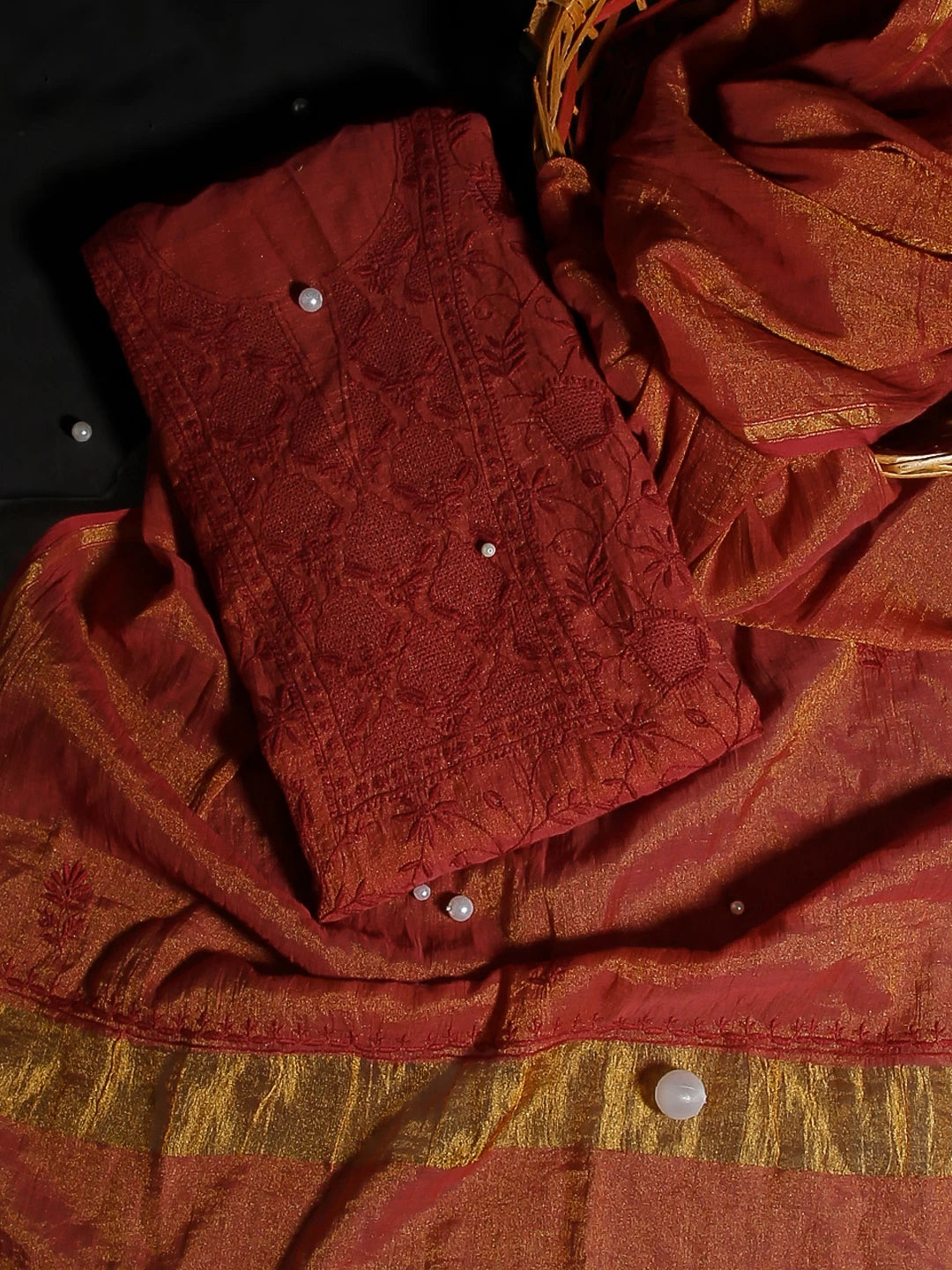 Ada Hand Embroidered Merlot Maroon Tissue Lucknowi Chikankari Unstitched Kurta Dupatta Set 01A193273
