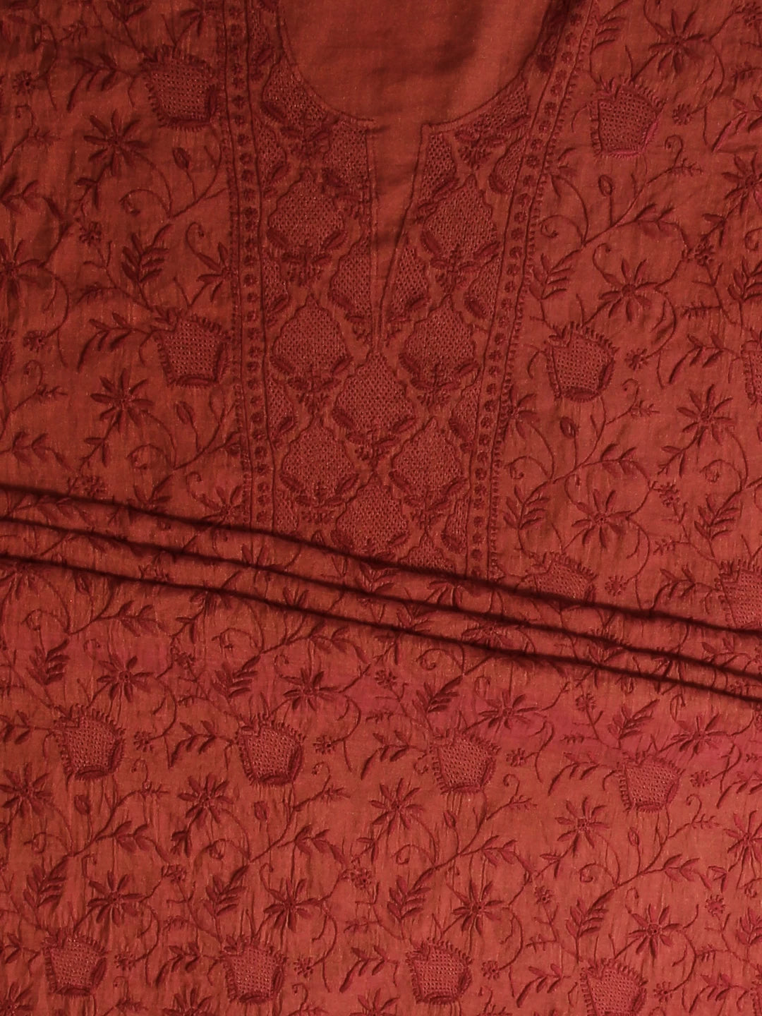 Ada Hand Embroidered Merlot Maroon Tissue Lucknowi Chikankari Unstitched Kurta Dupatta Set 01A193273
