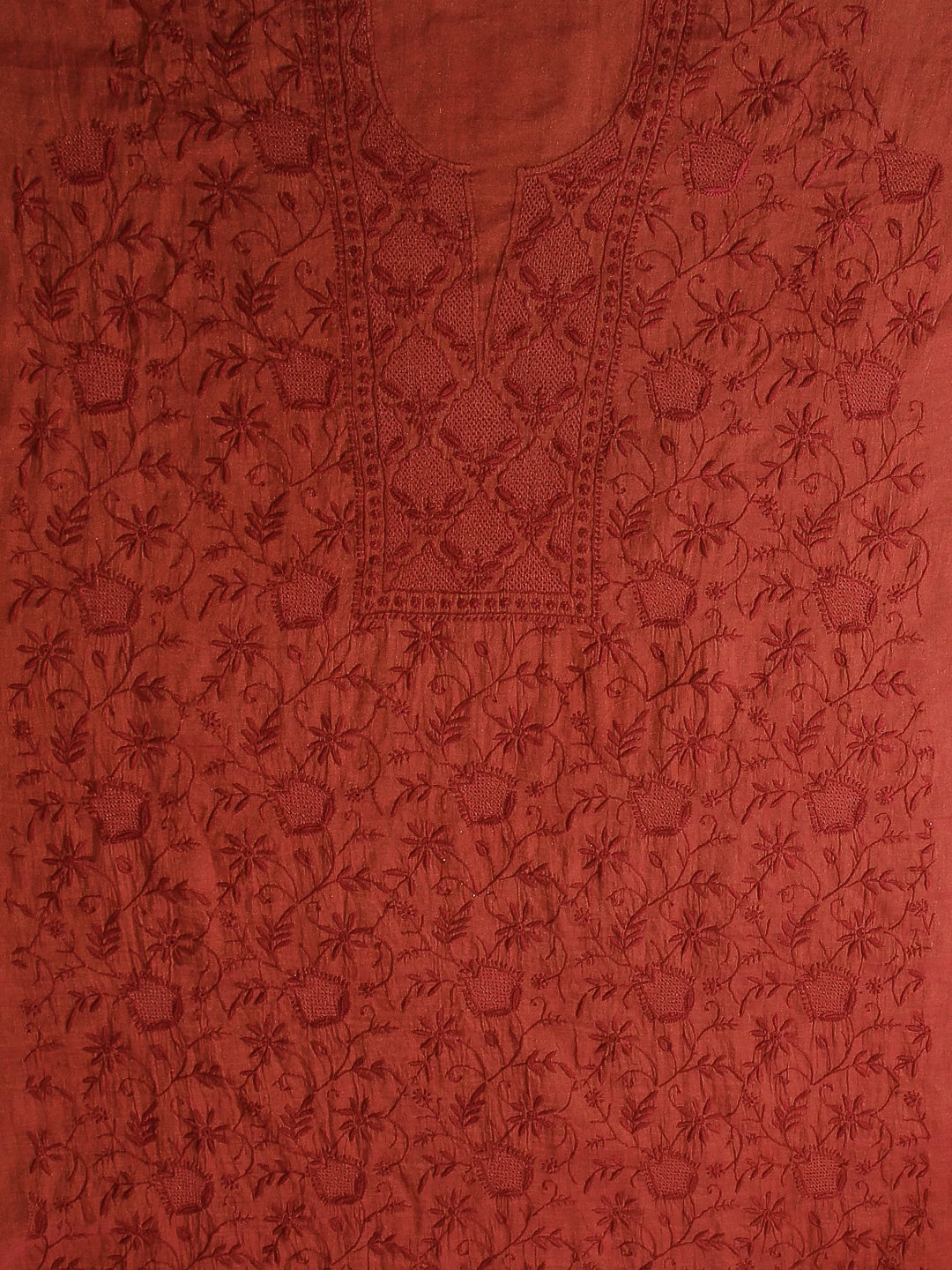 Ada Hand Embroidered Merlot Maroon Tissue Lucknowi Chikankari Unstitched Kurta Dupatta Set 01A193273