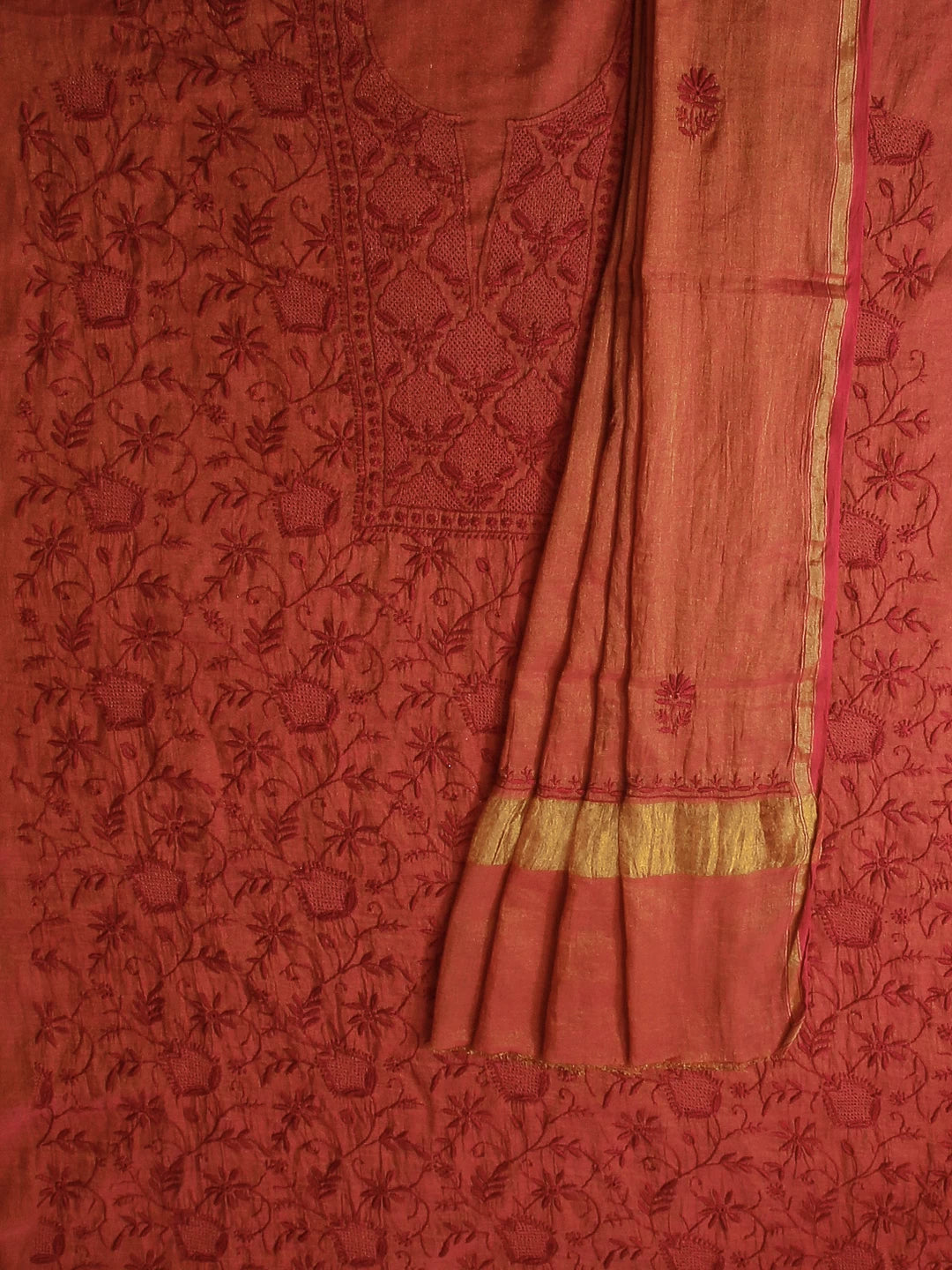 Ada Hand Embroidered Merlot Maroon Tissue Lucknowi Chikankari Unstitched Kurta Dupatta Set 01A193273