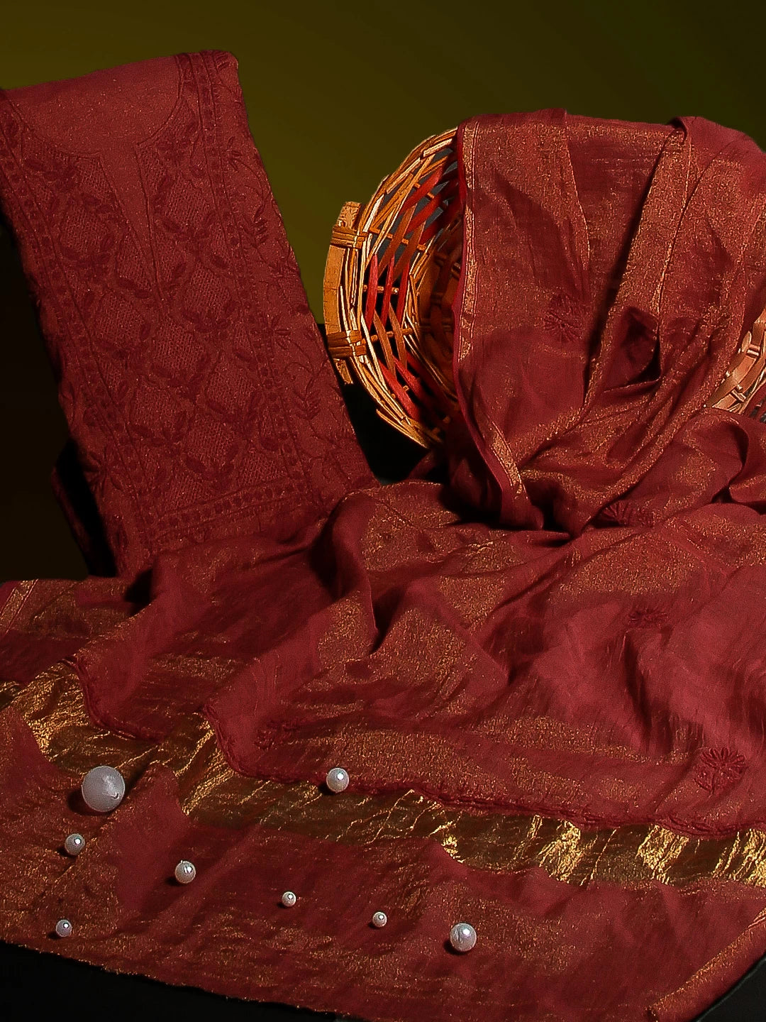 Ada Hand Embroidered Merlot Maroon Tissue Lucknowi Chikankari Unstitched Kurta Dupatta Set 01A193273